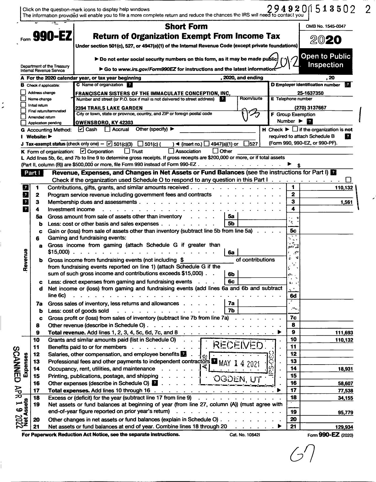 Image of first page of 2020 Form 990EZ for Franciscan Sisters of the Immaculate Conception