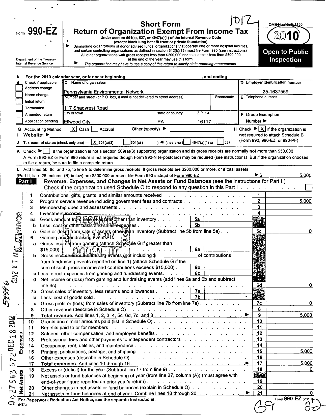 Image of first page of 2010 Form 990EZ for Pennsylvania Environmental P E N