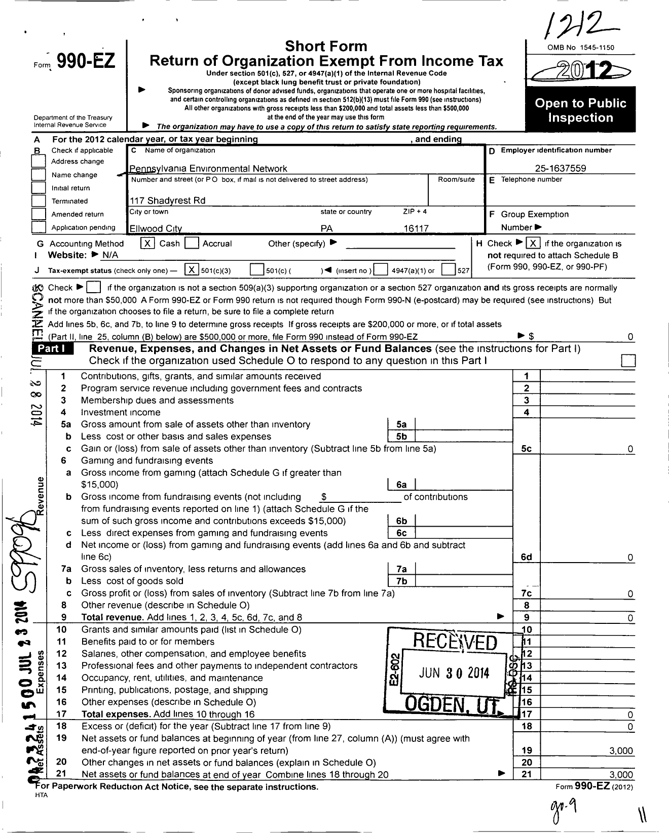 Image of first page of 2012 Form 990EZ for Pennsylvania Environmental P E N