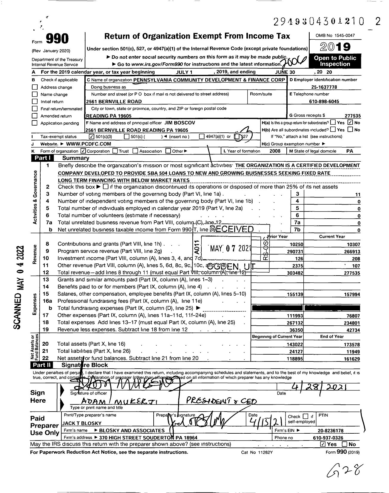 Image of first page of 2019 Form 990 for Pennsylvania Community Development and Finance Corporation