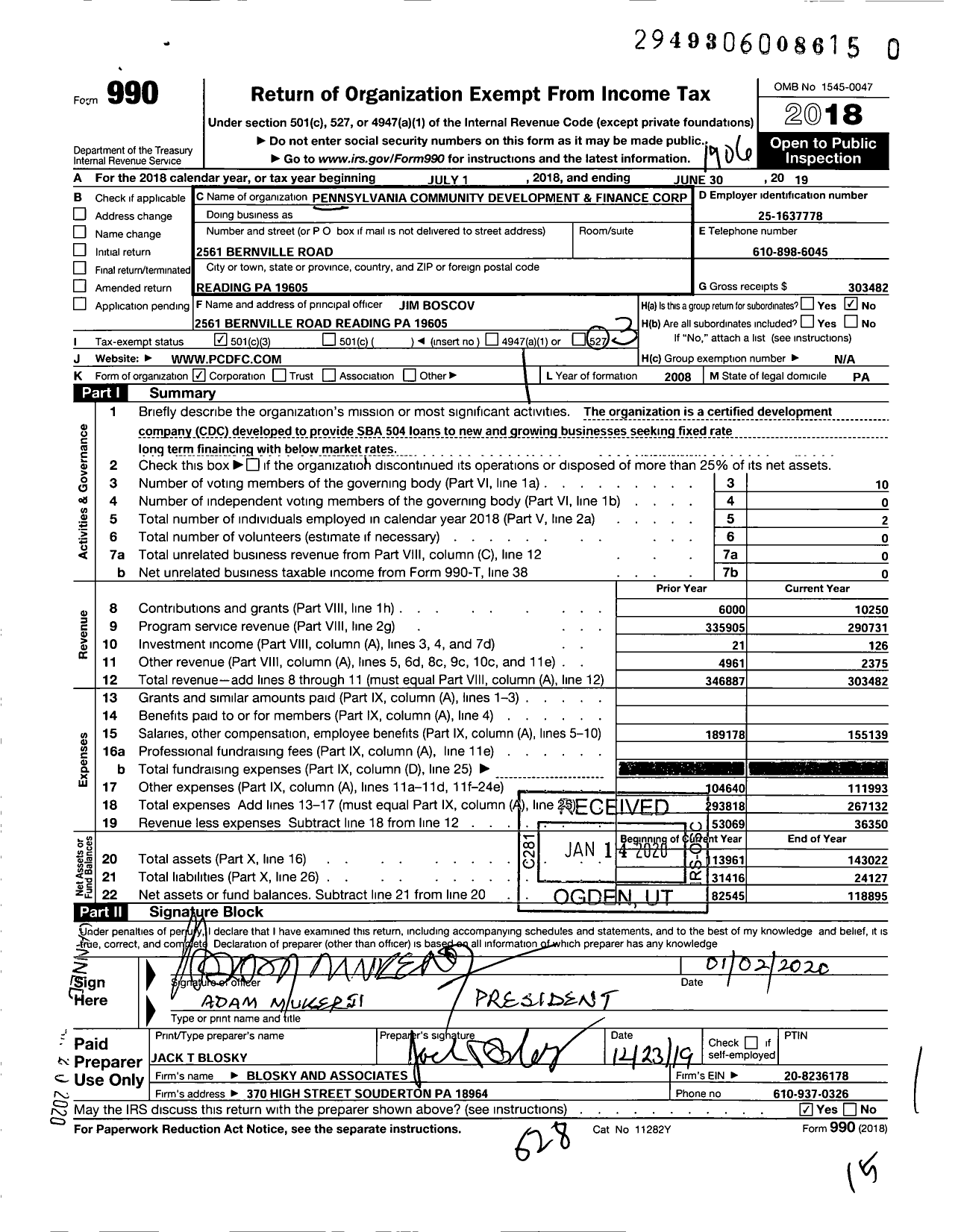 Image of first page of 2018 Form 990 for Pennsylvania Community Development and Finance Corporation
