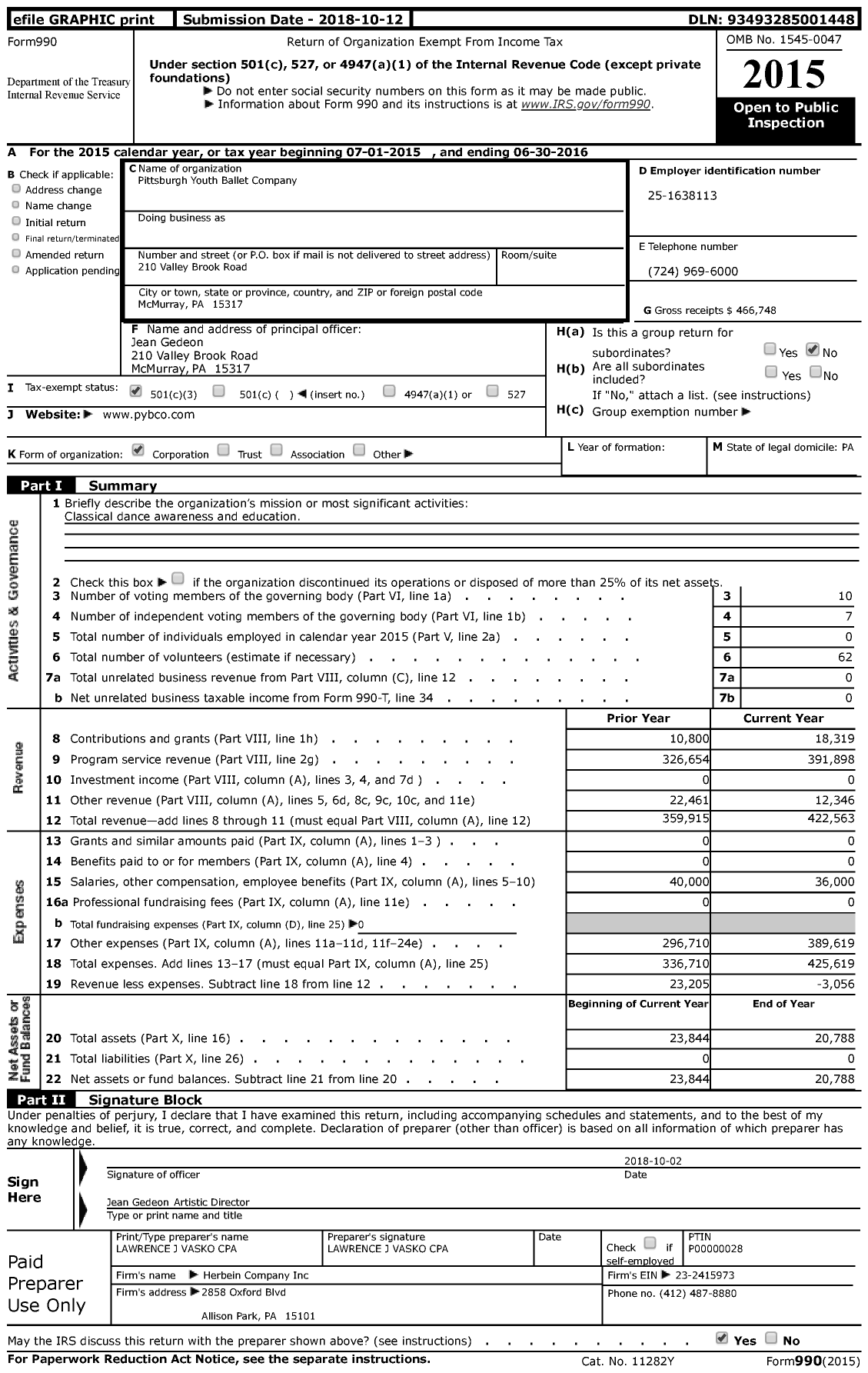 Image of first page of 2015 Form 990 for Pittsburgh Youth Ballet Company