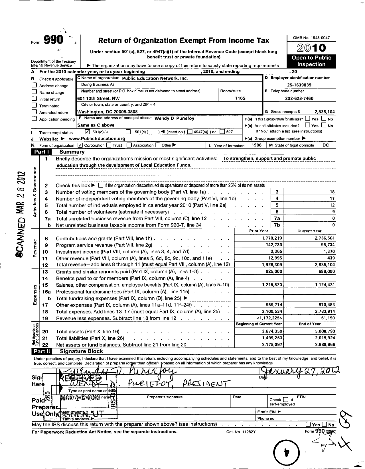 Image of first page of 2010 Form 990 for Public Education Network (PEN)