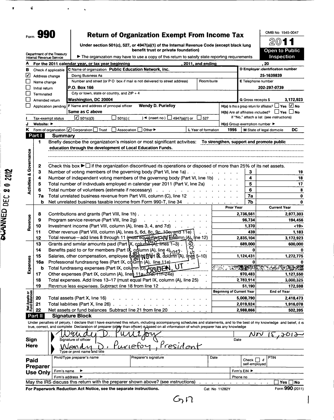 Image of first page of 2011 Form 990 for Public Education Network (PEN)