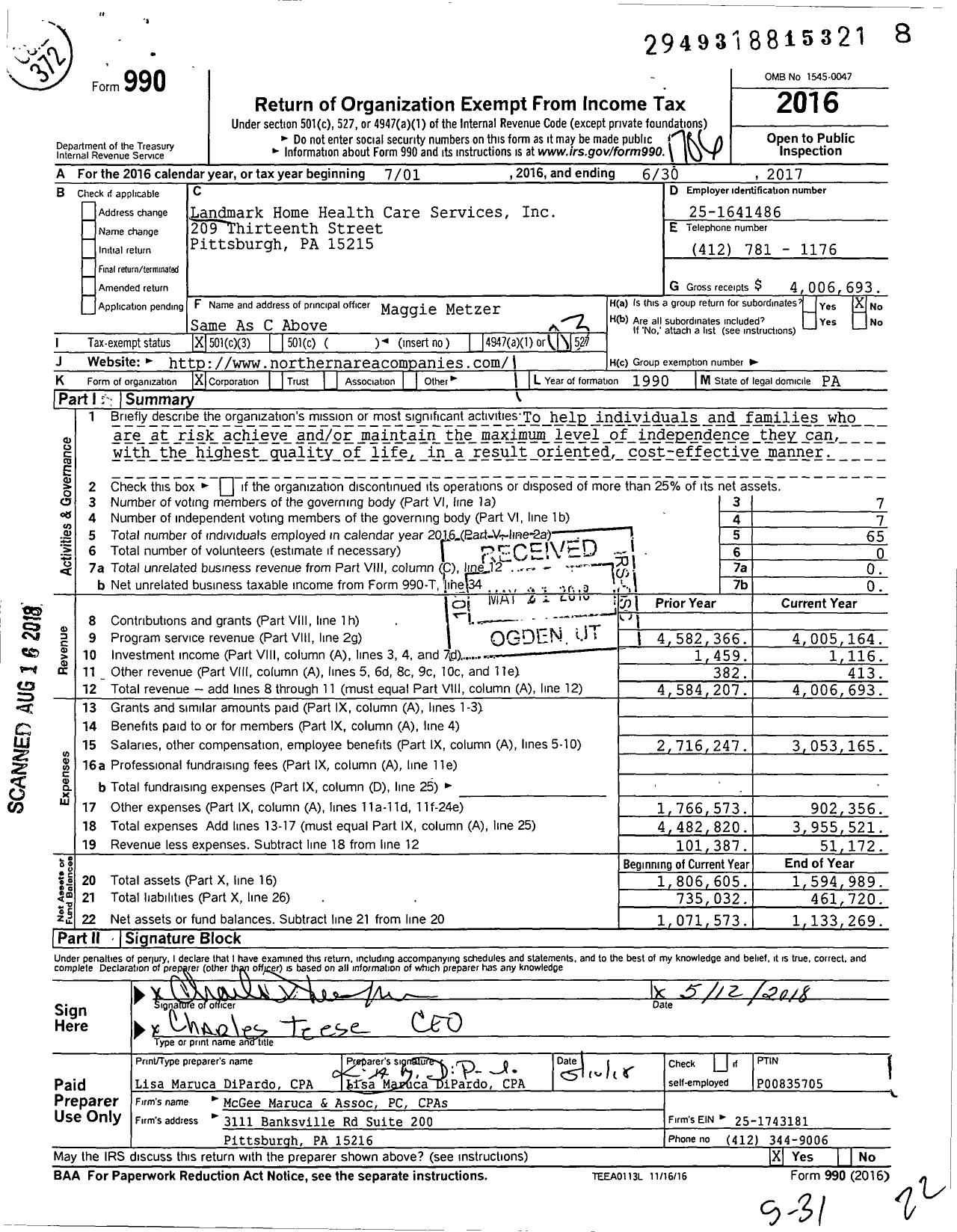 Image of first page of 2016 Form 990 for Landmark Home Health Care Services