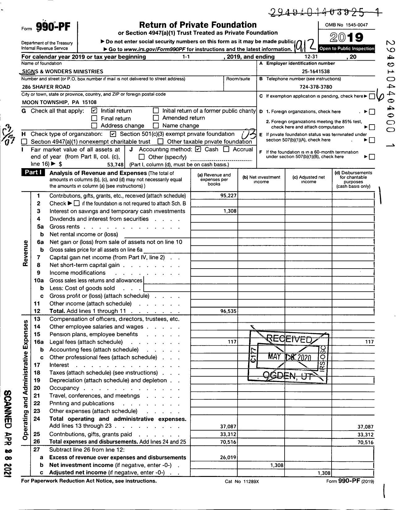 Image of first page of 2019 Form 990PF for Signs and Wonders Ministries