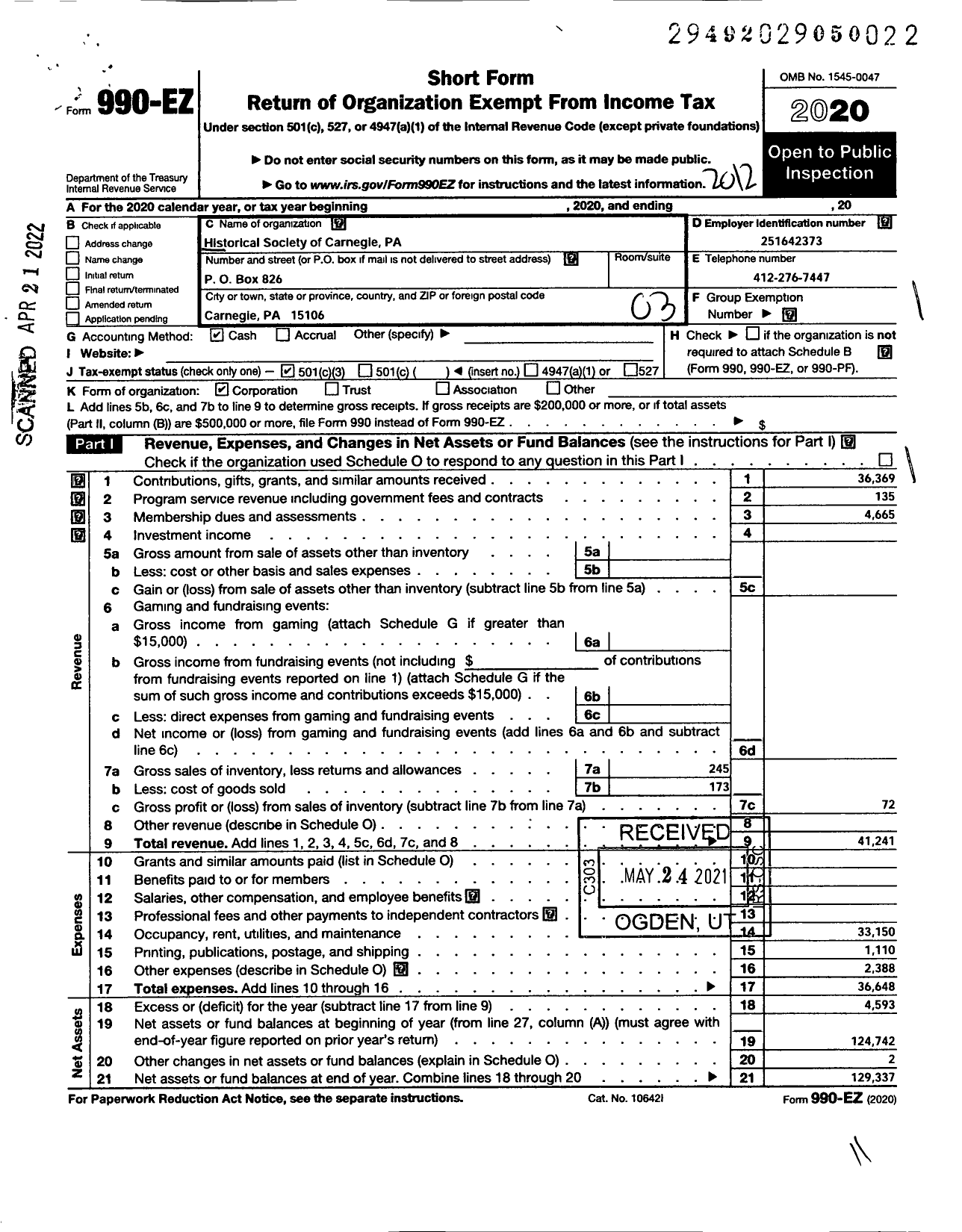 Image of first page of 2020 Form 990EZ for Historical Society of Carnegie Pa