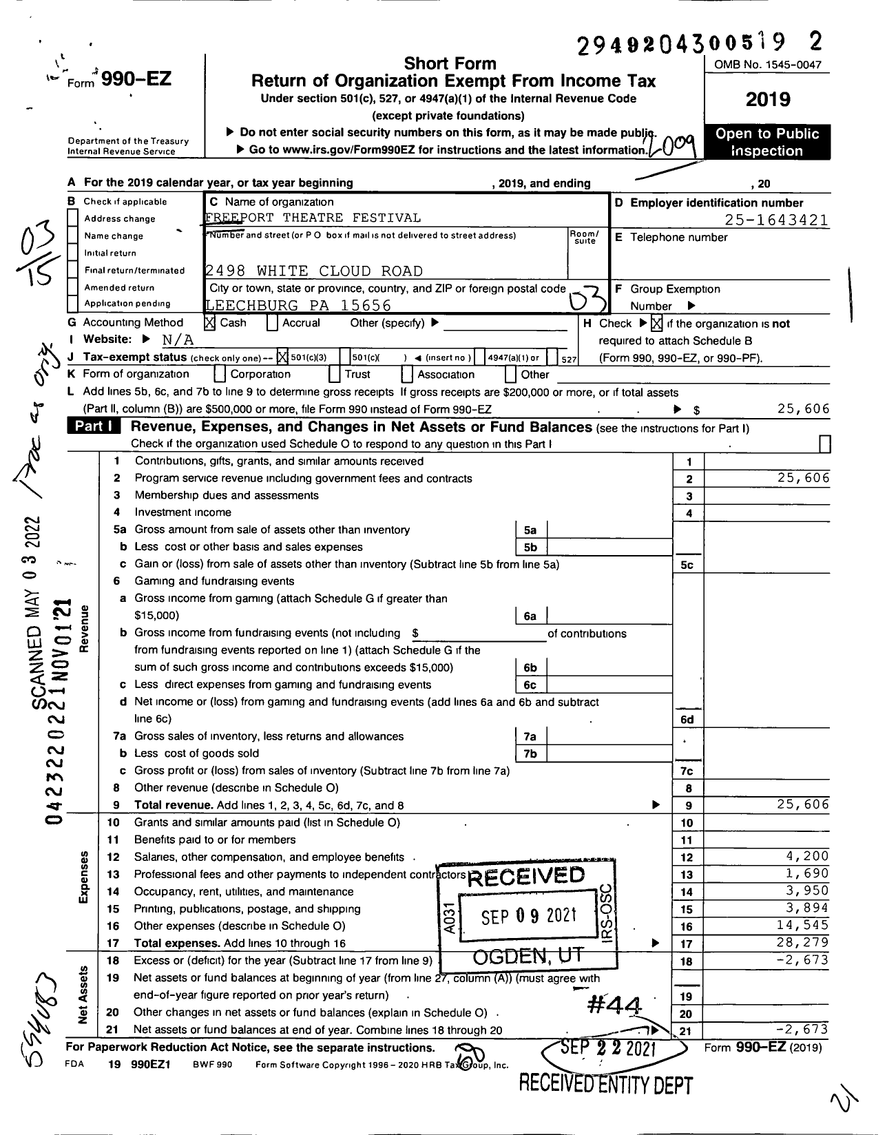 Image of first page of 2019 Form 990EZ for Freeport Theatre Festival