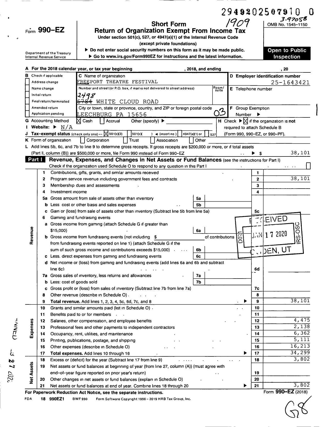 Image of first page of 2018 Form 990EZ for Freeport Theatre Festival