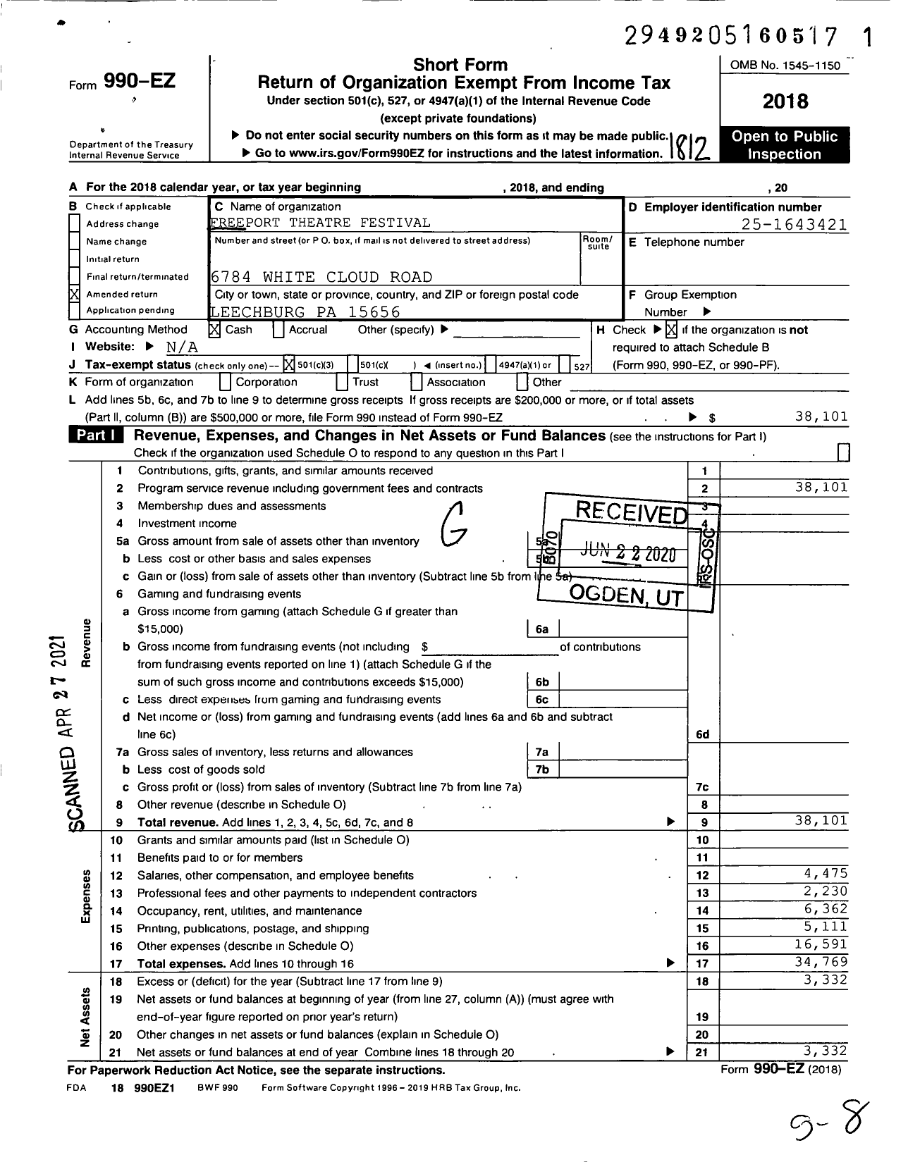 Image of first page of 2018 Form 990EZ for Freeport Theatre Festival