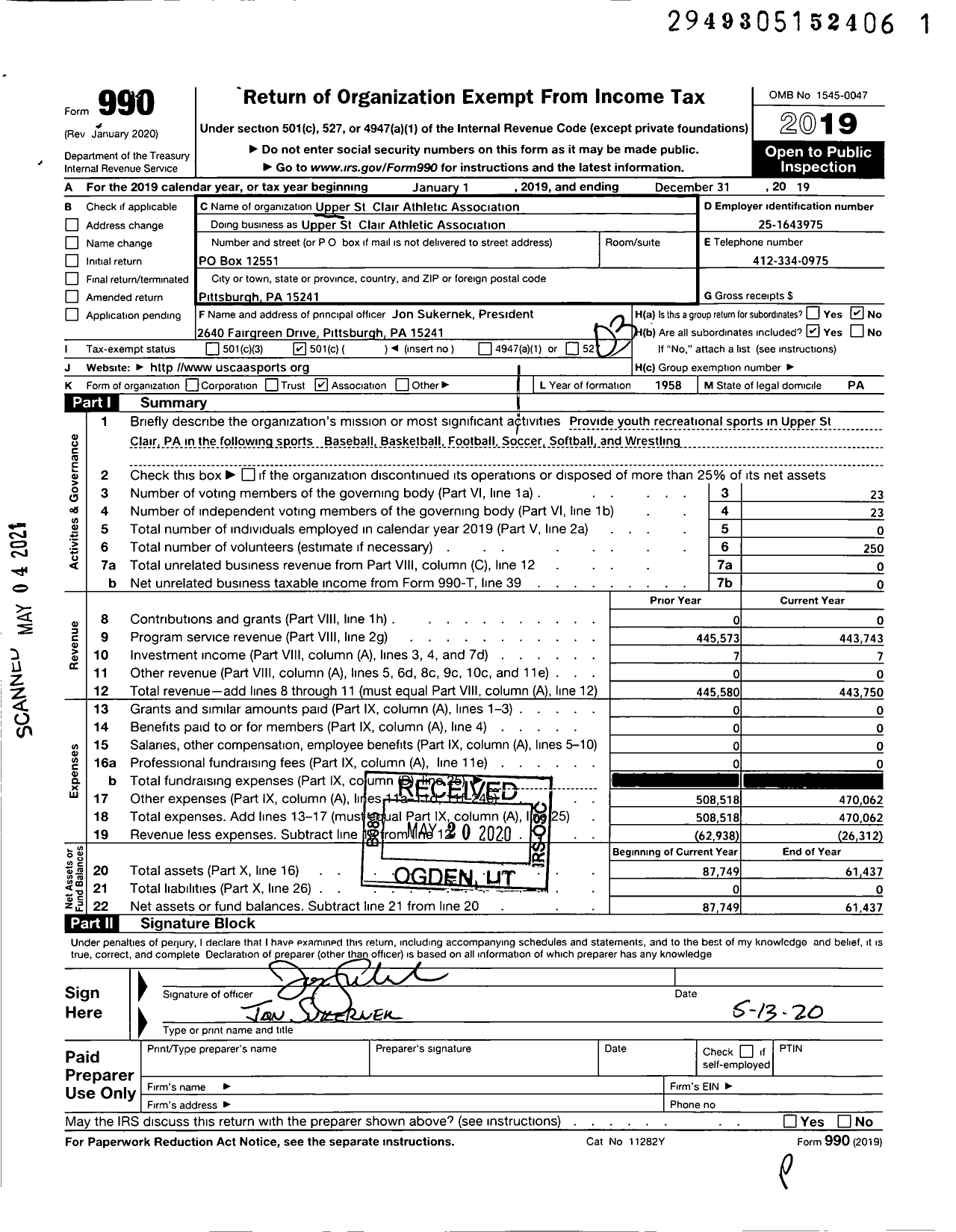 Image of first page of 2019 Form 990 for Upper St Clair Athletic Association