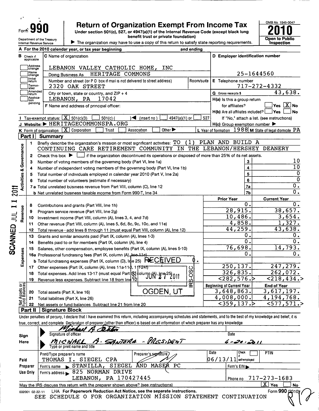 Image of first page of 2010 Form 990 for Lebanon Valley Catholic Home