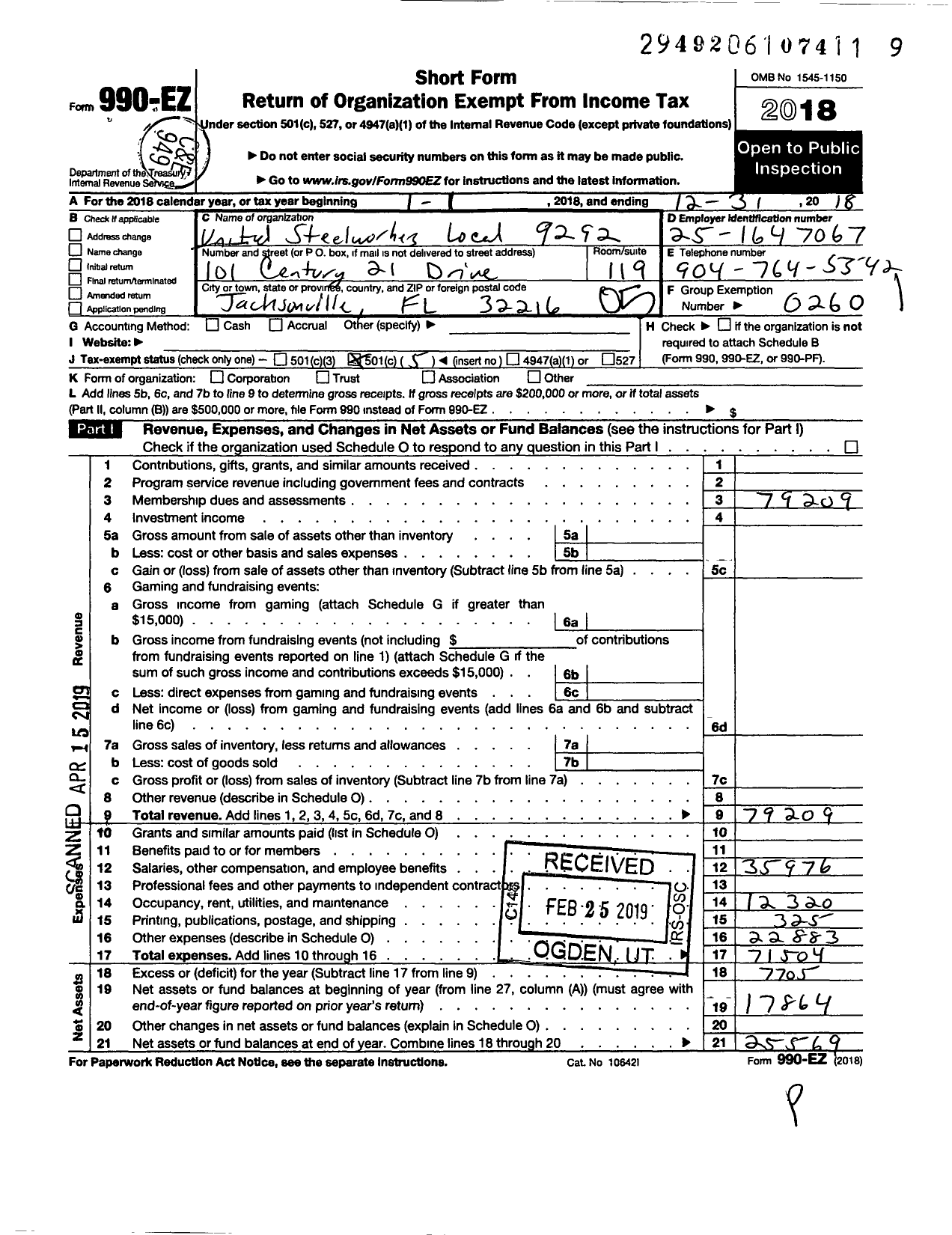 Image of first page of 2018 Form 990EO for United Steelworkers - USW No 9292