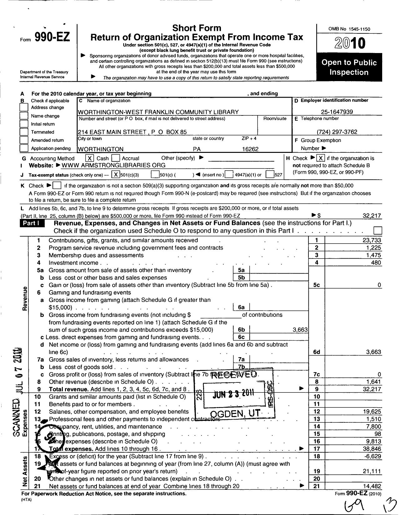 Image of first page of 2010 Form 990EZ for WWF Community Library