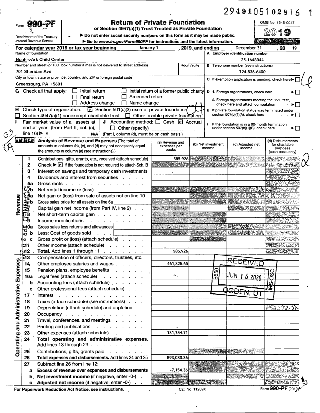 Image of first page of 2019 Form 990PF for Noah's Ark Child Center