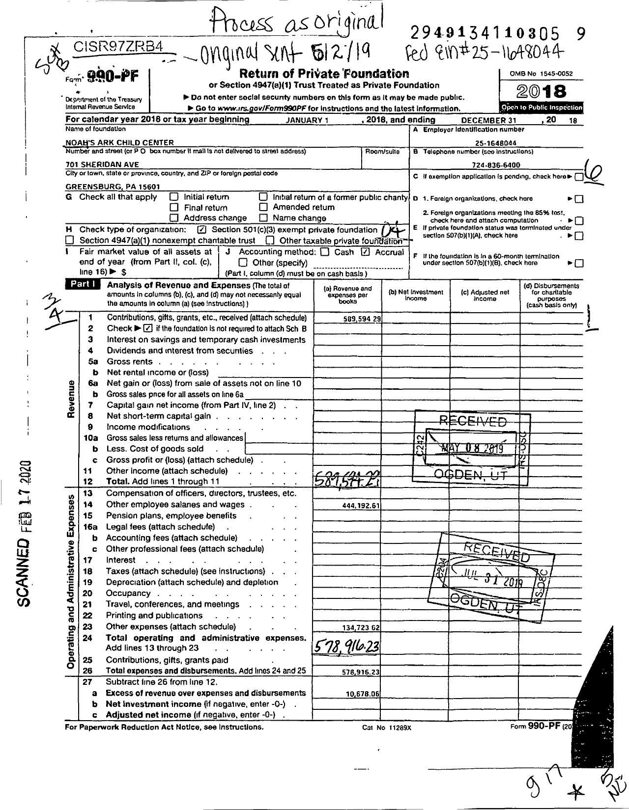 Image of first page of 2018 Form 990PF for Noah's Ark Child Center