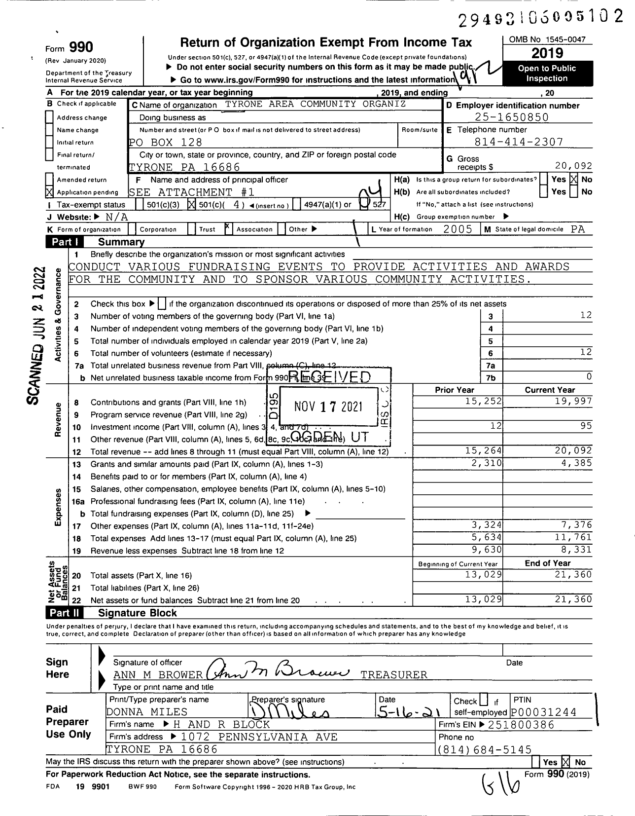 Image of first page of 2019 Form 990O for Tyrone Area Community Organization