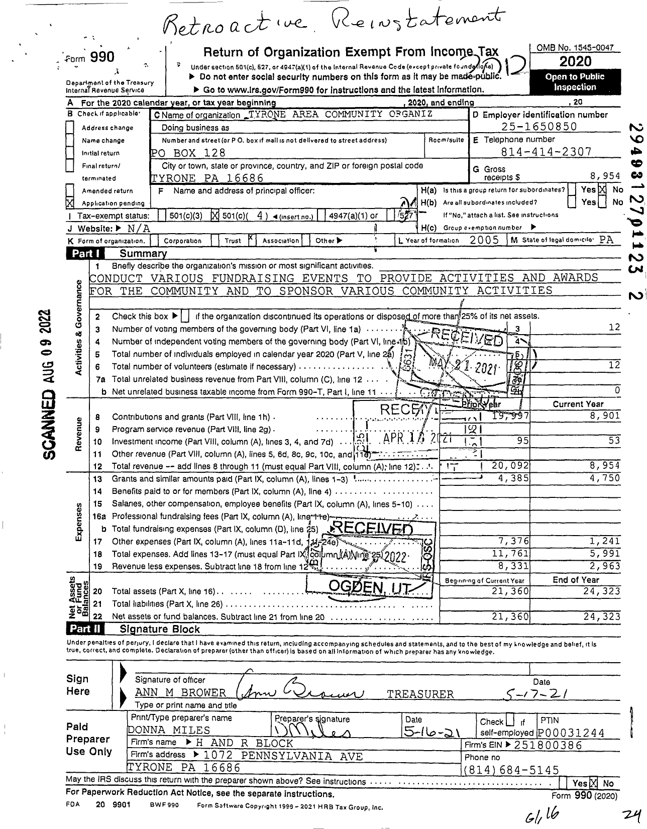 Image of first page of 2020 Form 990O for Tyrone Area Community Organization