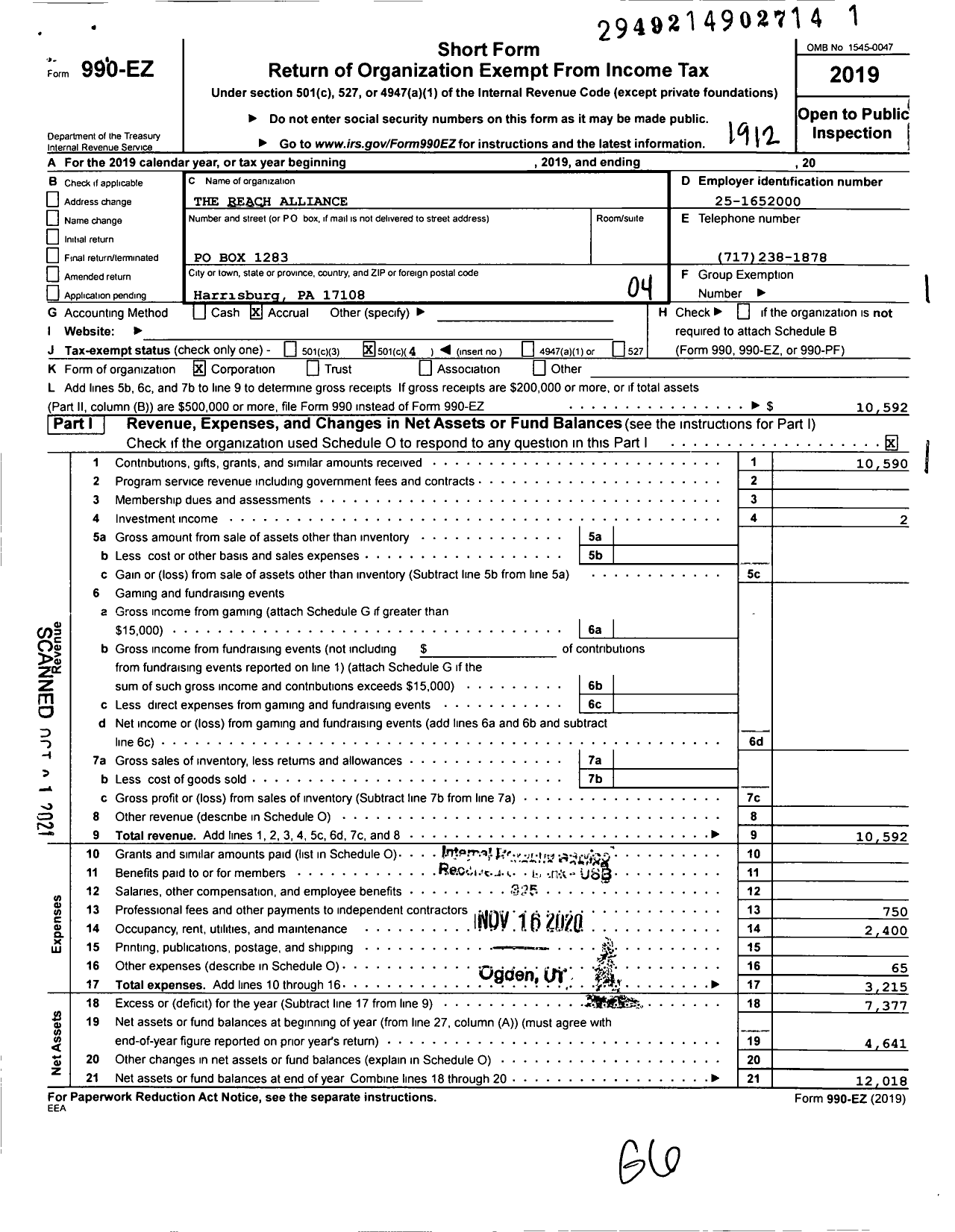 Image of first page of 2019 Form 990EO for The Reach Alliance