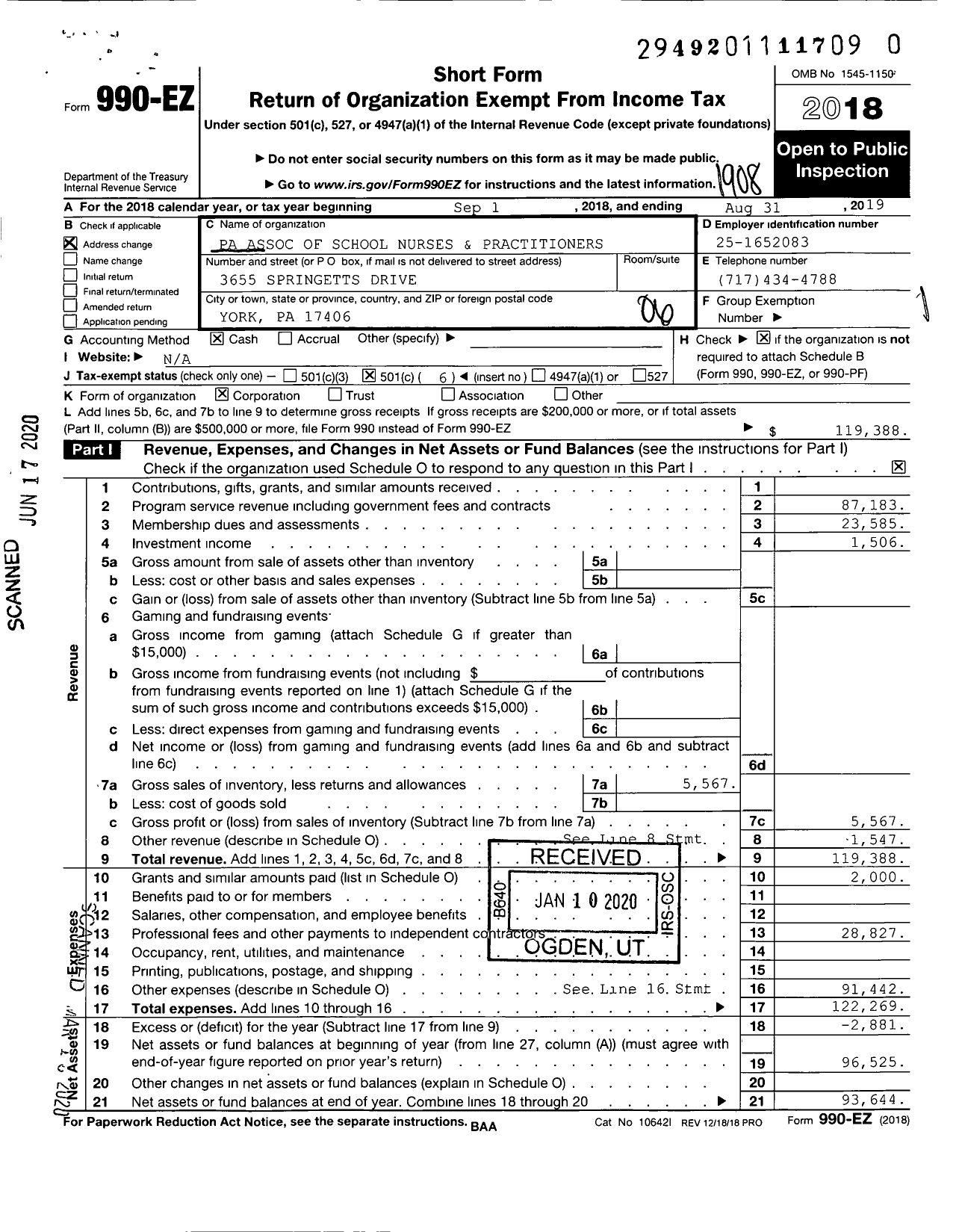 Image of first page of 2018 Form 990EO for Pennsylvania Association of School Nurses and Practitioners