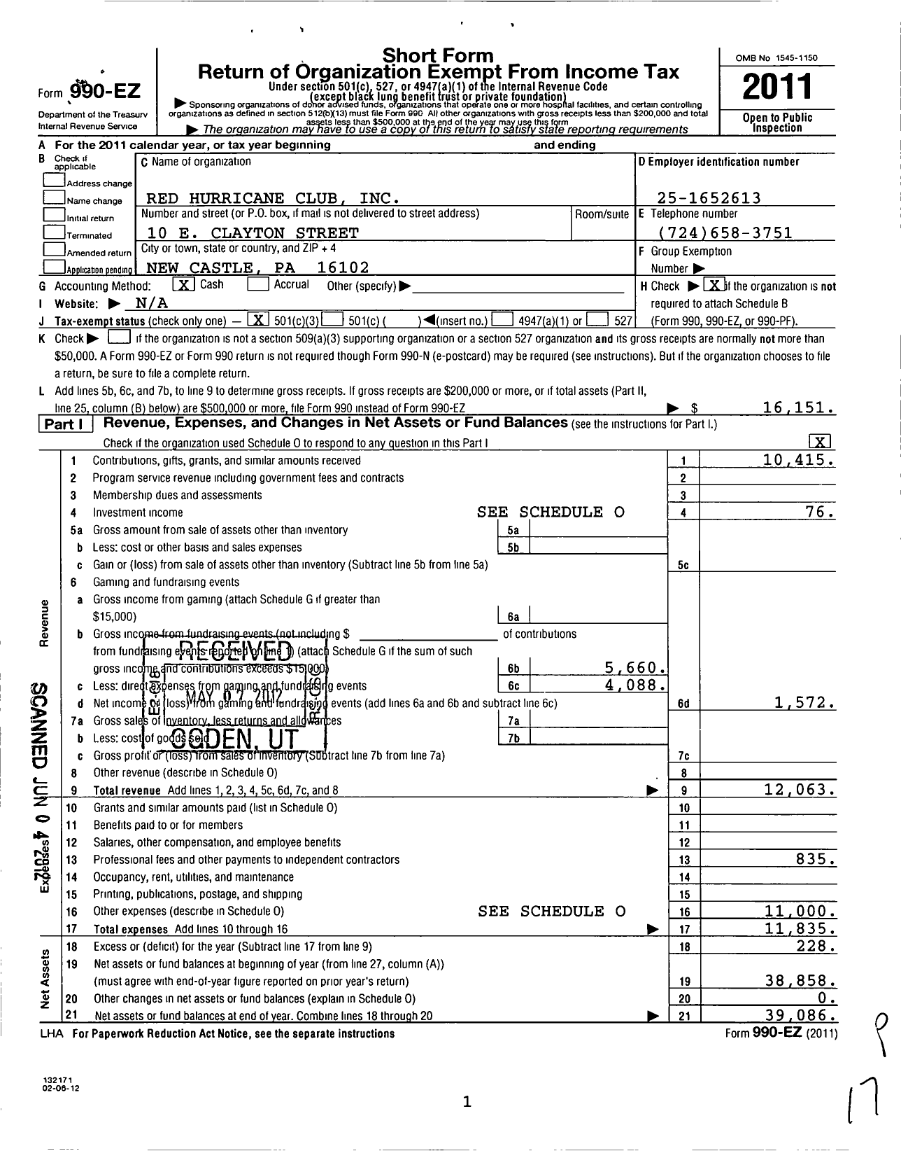 Image of first page of 2011 Form 990EZ for Red Hurricane Club