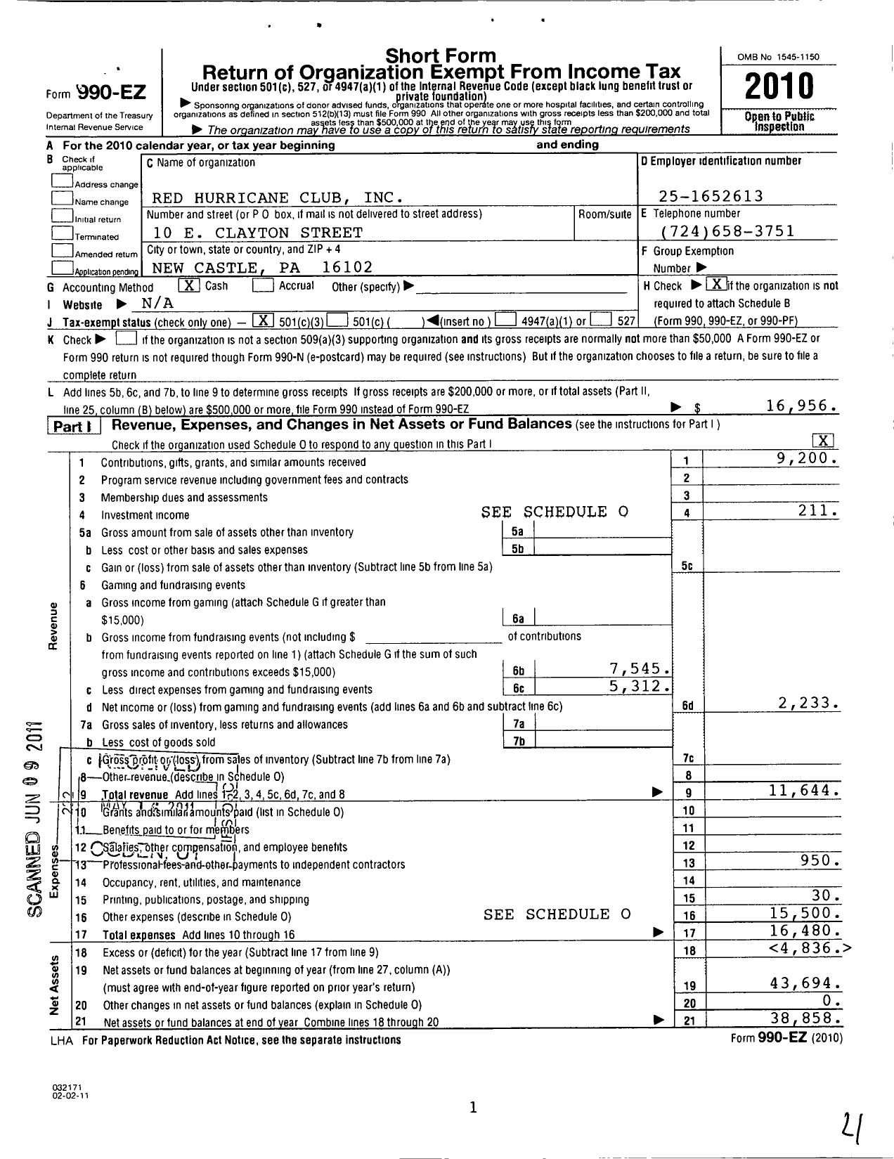 Image of first page of 2010 Form 990EZ for Red Hurricane Club