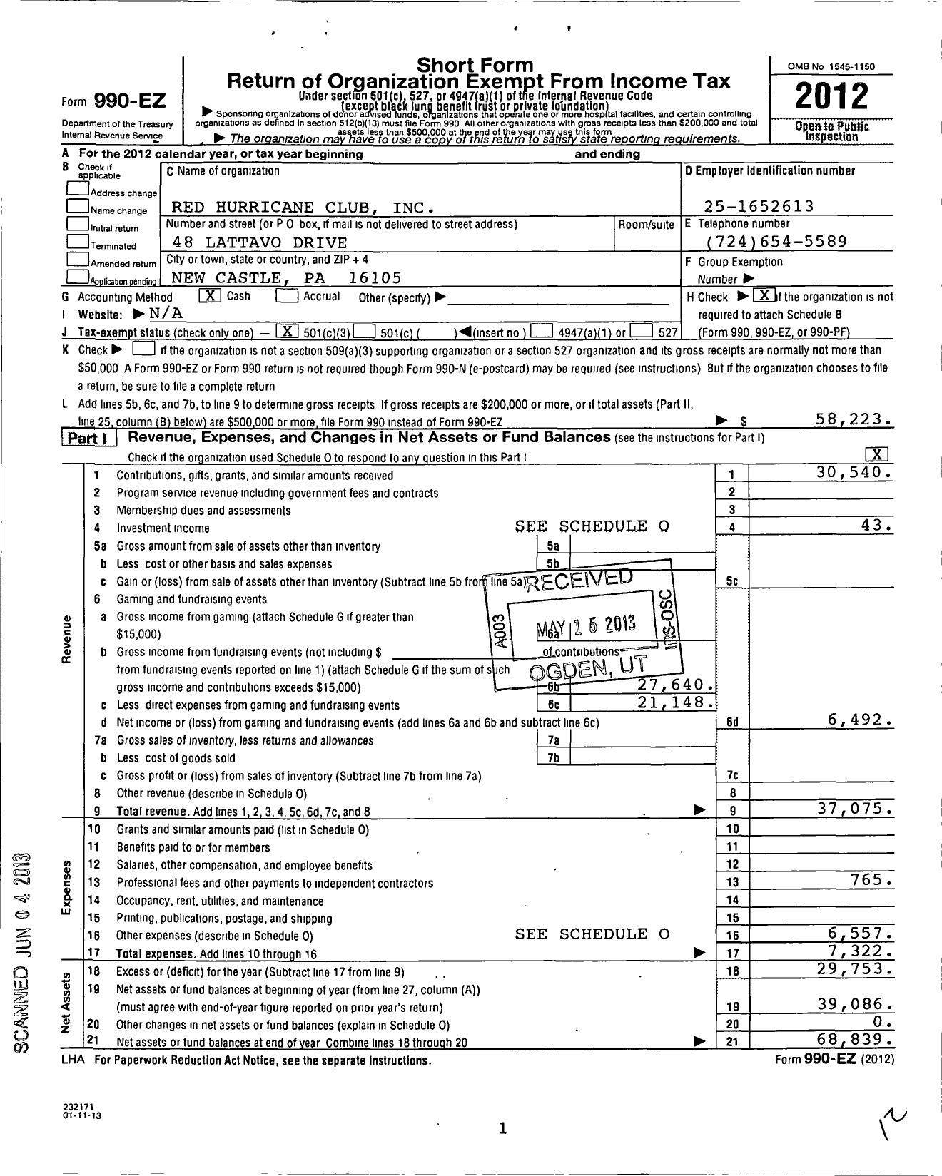 Image of first page of 2012 Form 990EZ for Red Hurricane Club