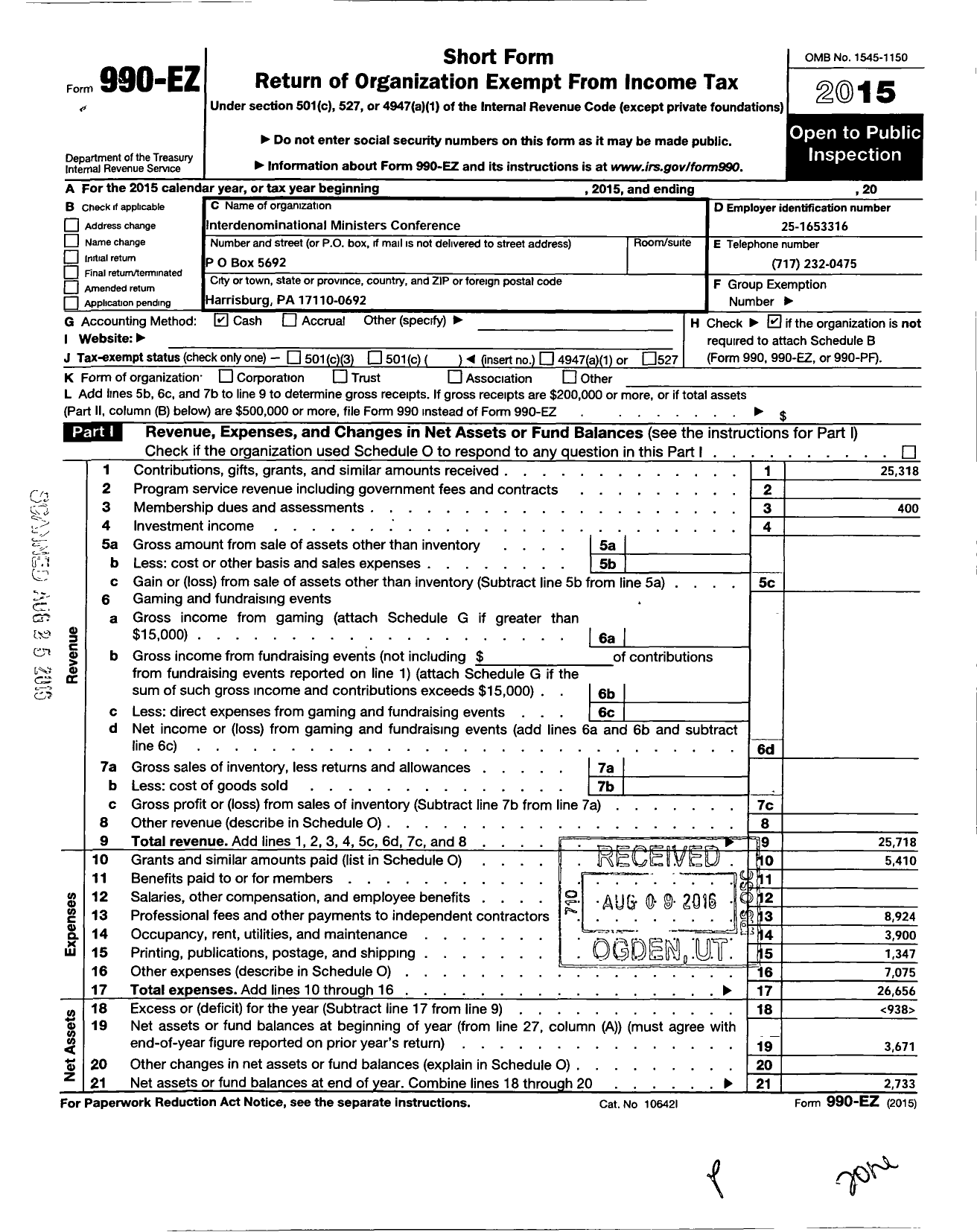 Image of first page of 2015 Form 990EO for Interdenominational Ministers Conference of Greater Harrisburg