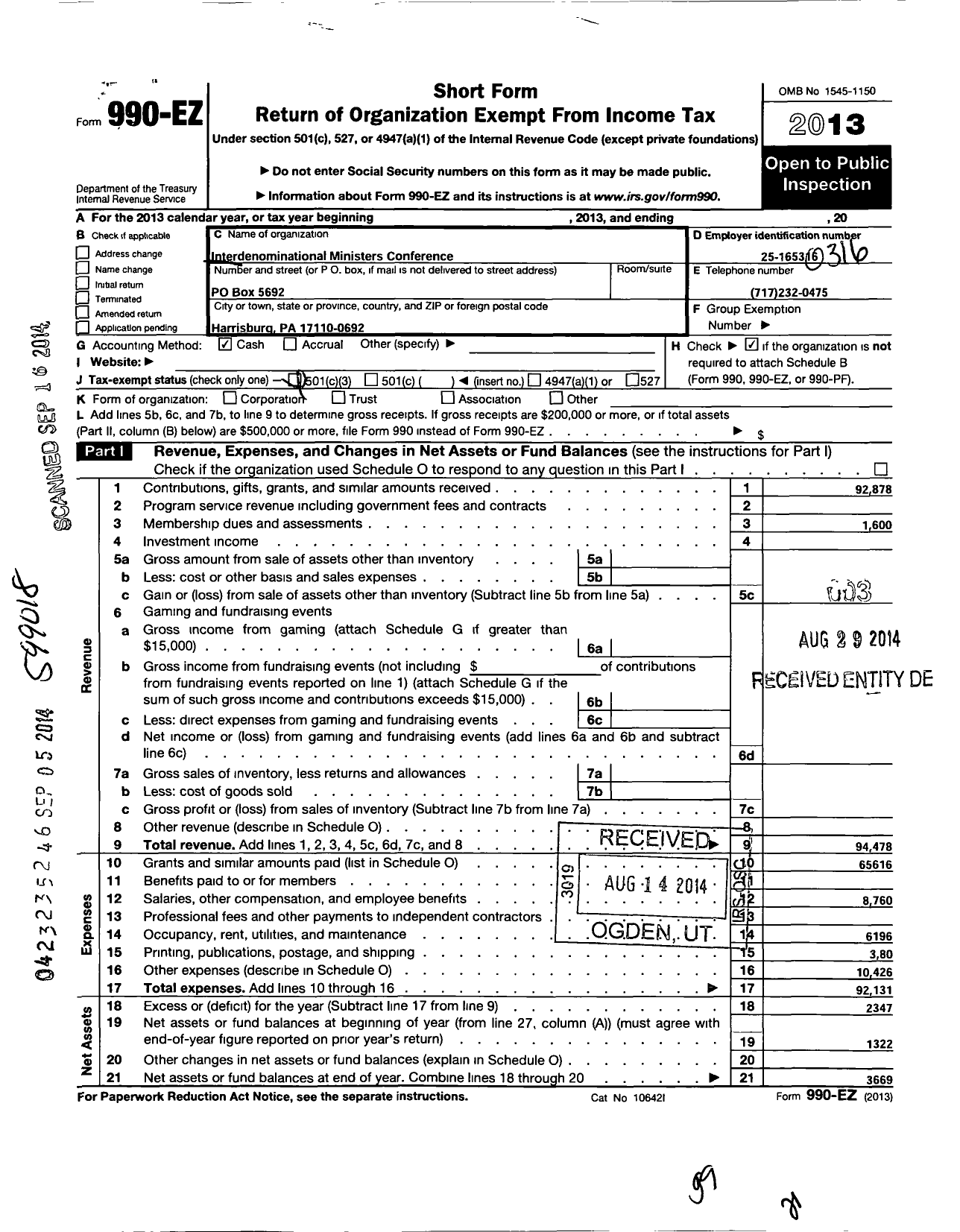 Image of first page of 2013 Form 990EZ for Interdenominational Ministers Conference of Greater Harrisburg