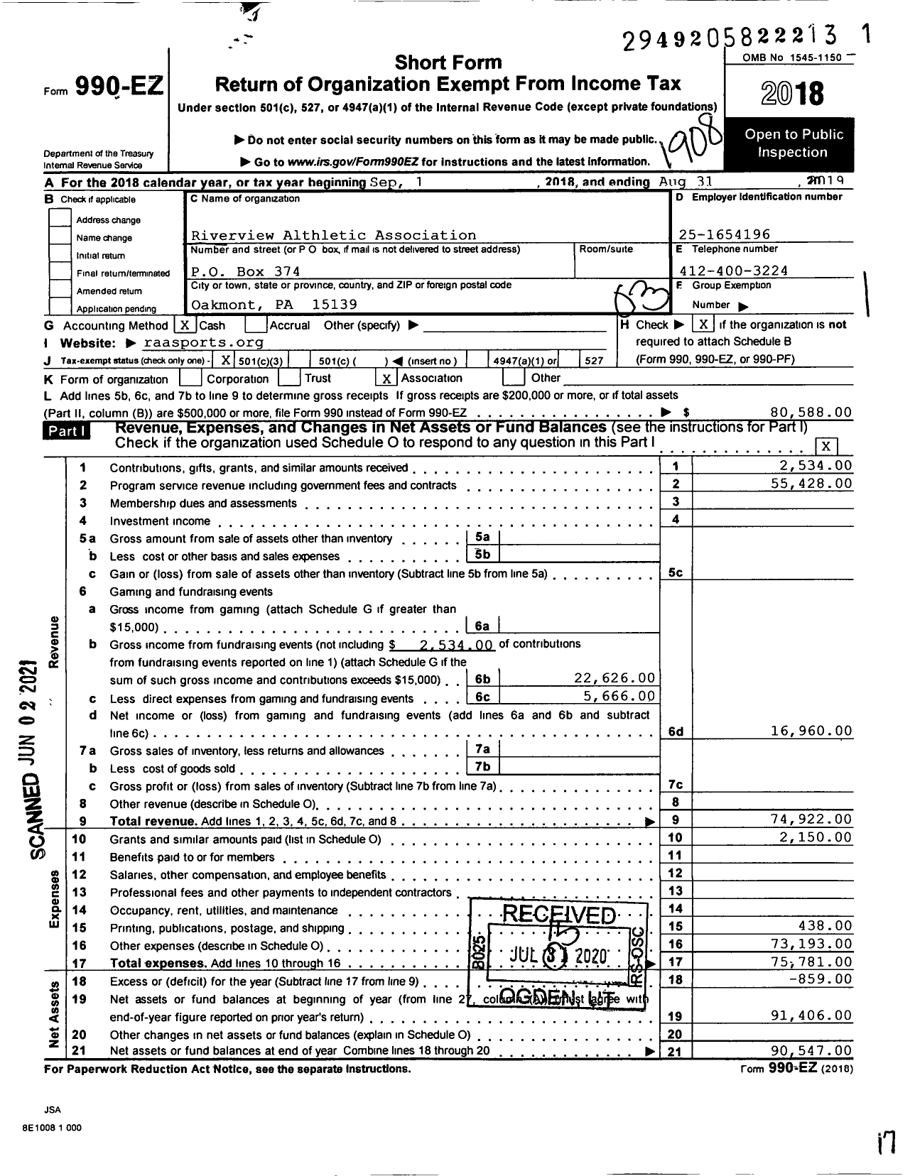 Image of first page of 2018 Form 990EZ for Riverview Athletic Association