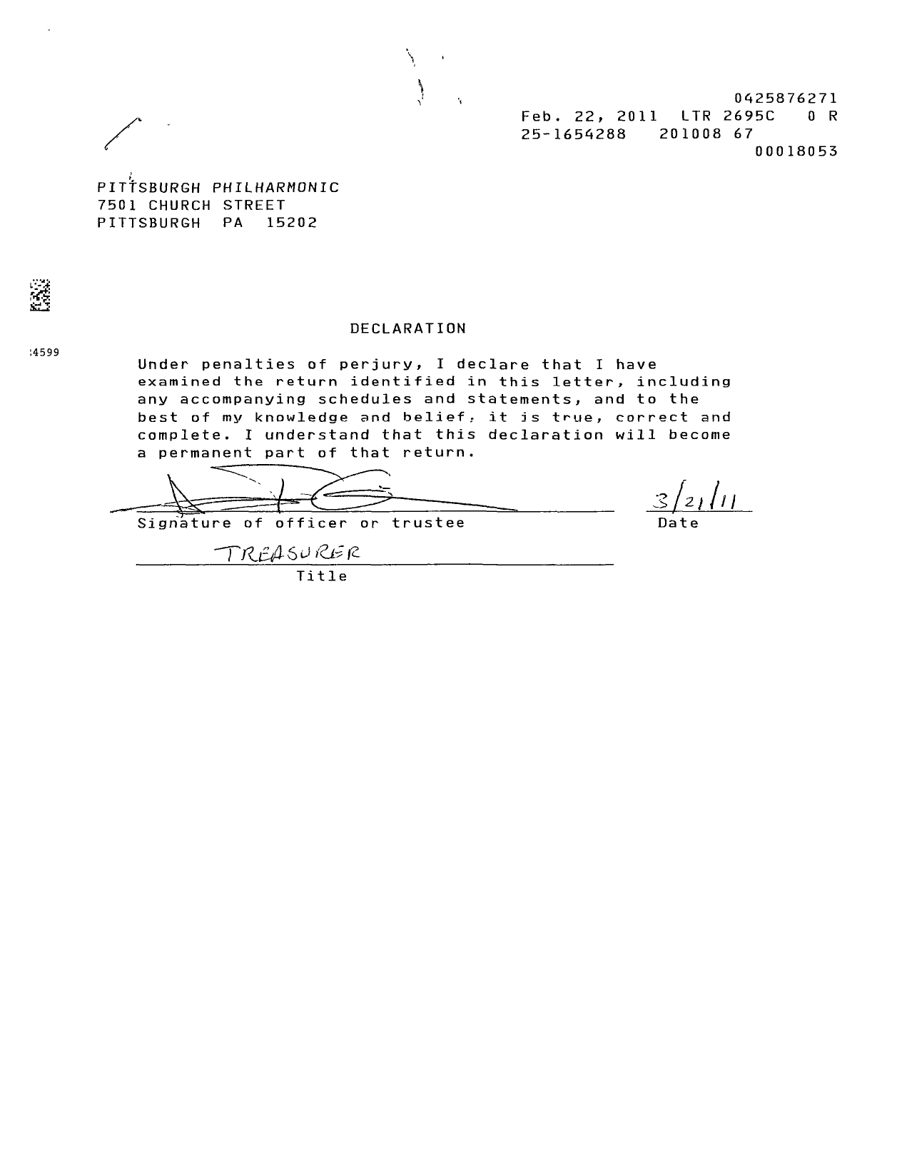 Image of first page of 2009 Form 990ER for Pittsburgh Philharmonic