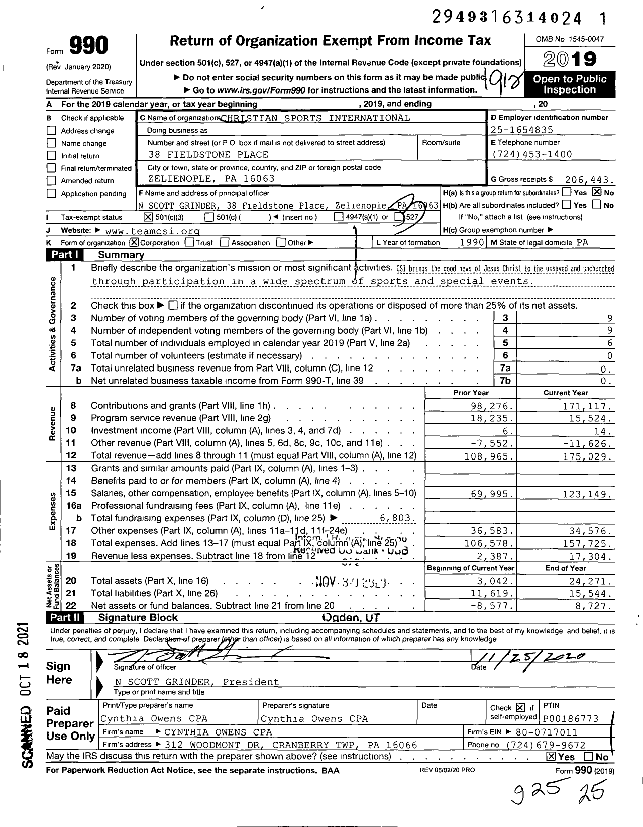 Image of first page of 2019 Form 990 for Christian Sports International