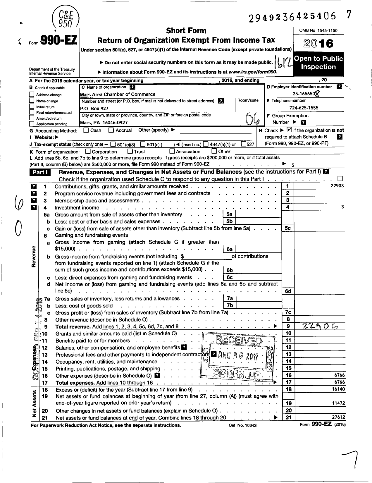 Image of first page of 2016 Form 990EO for Mars Area Chamber of Commerce