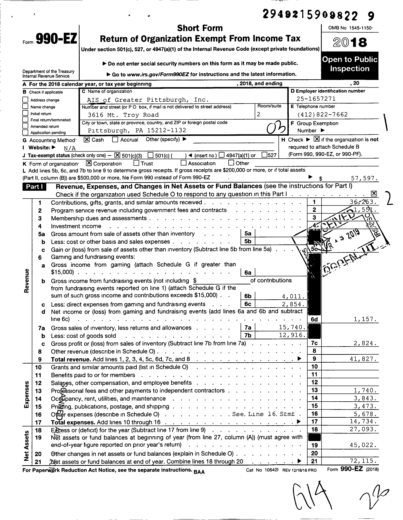 Image of first page of 2018 Form 990EZ for AIS of Greater Pittsburgh