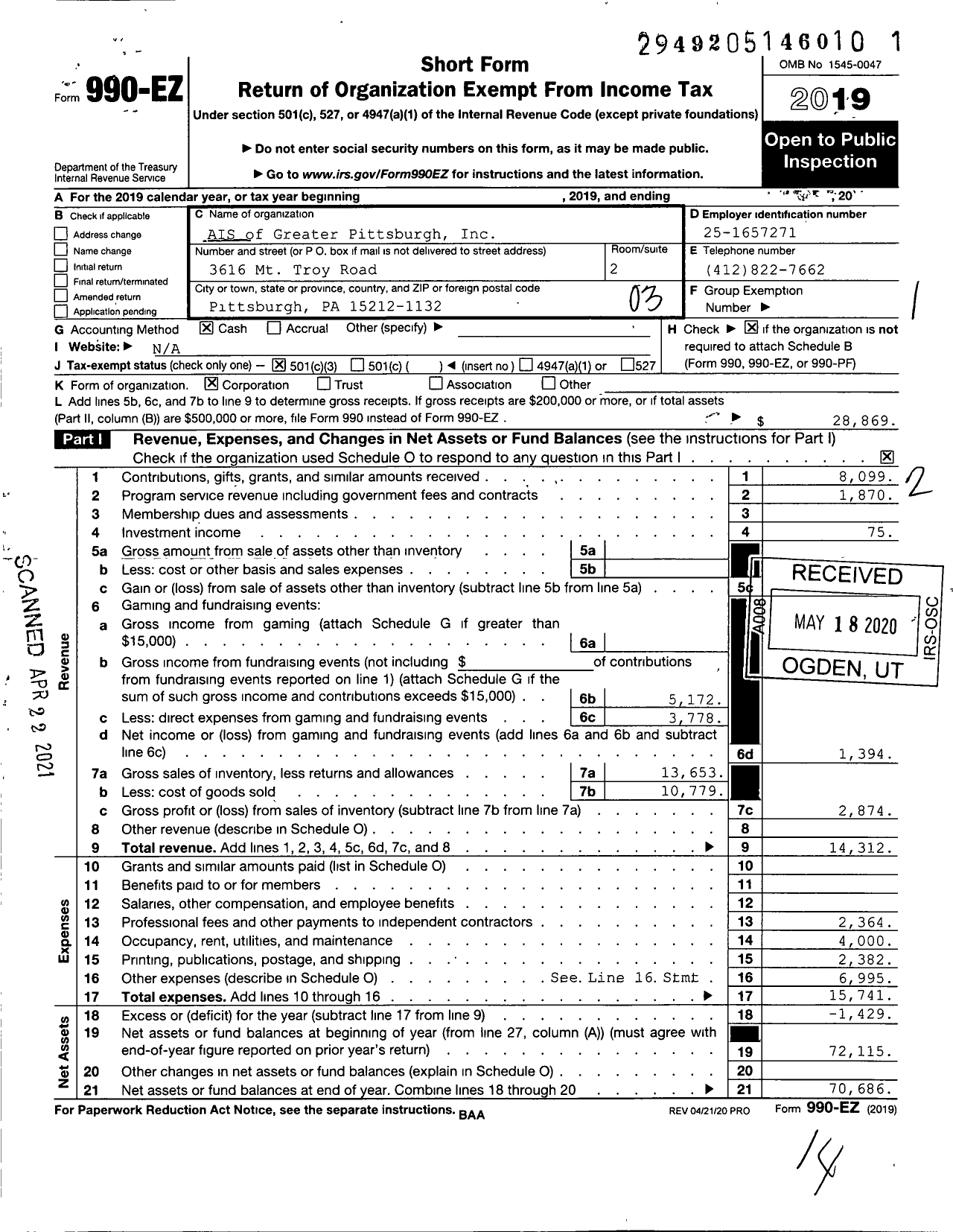 Image of first page of 2019 Form 990EZ for AIS of Greater Pittsburgh