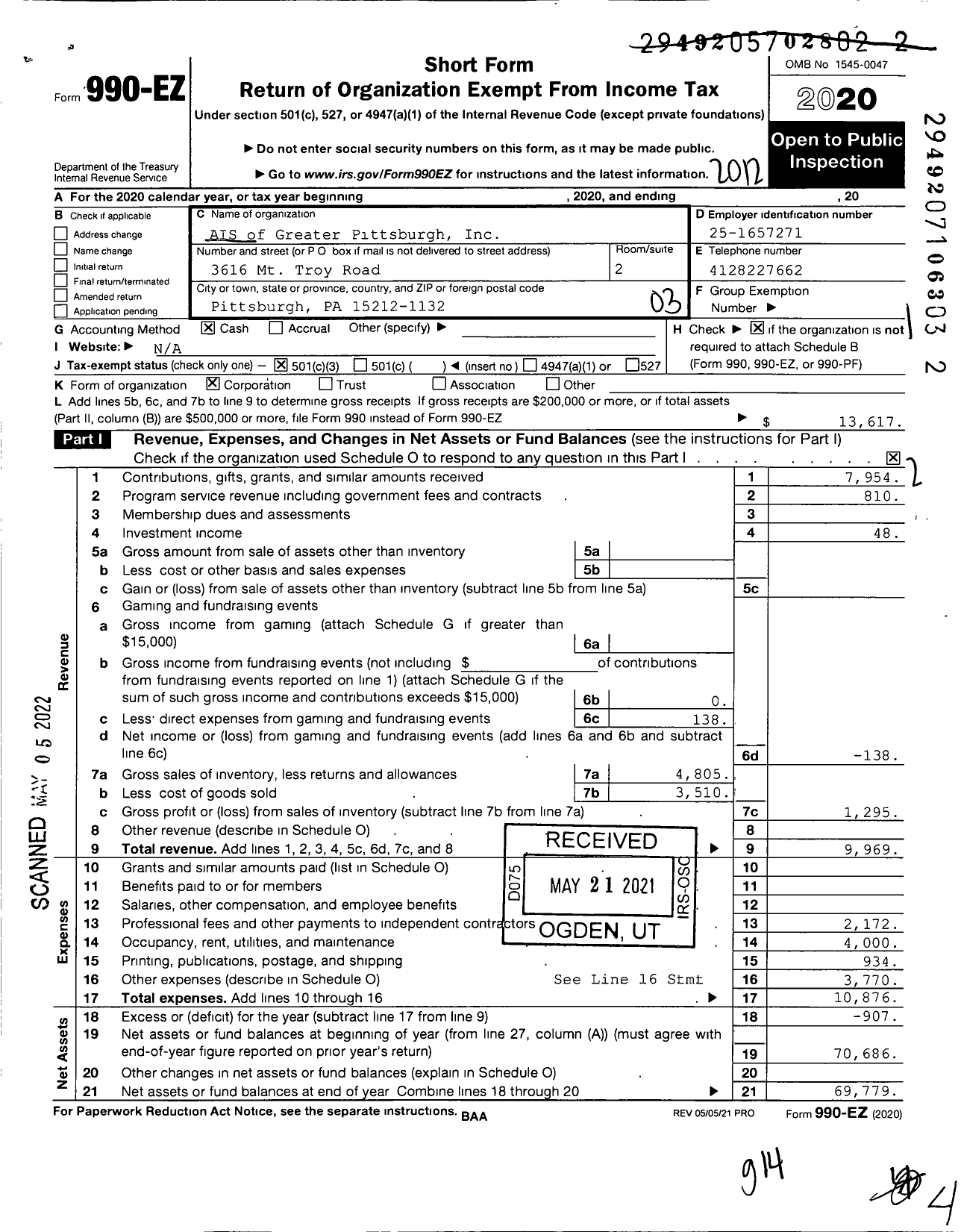 Image of first page of 2020 Form 990EZ for AIS of Greater Pittsburgh