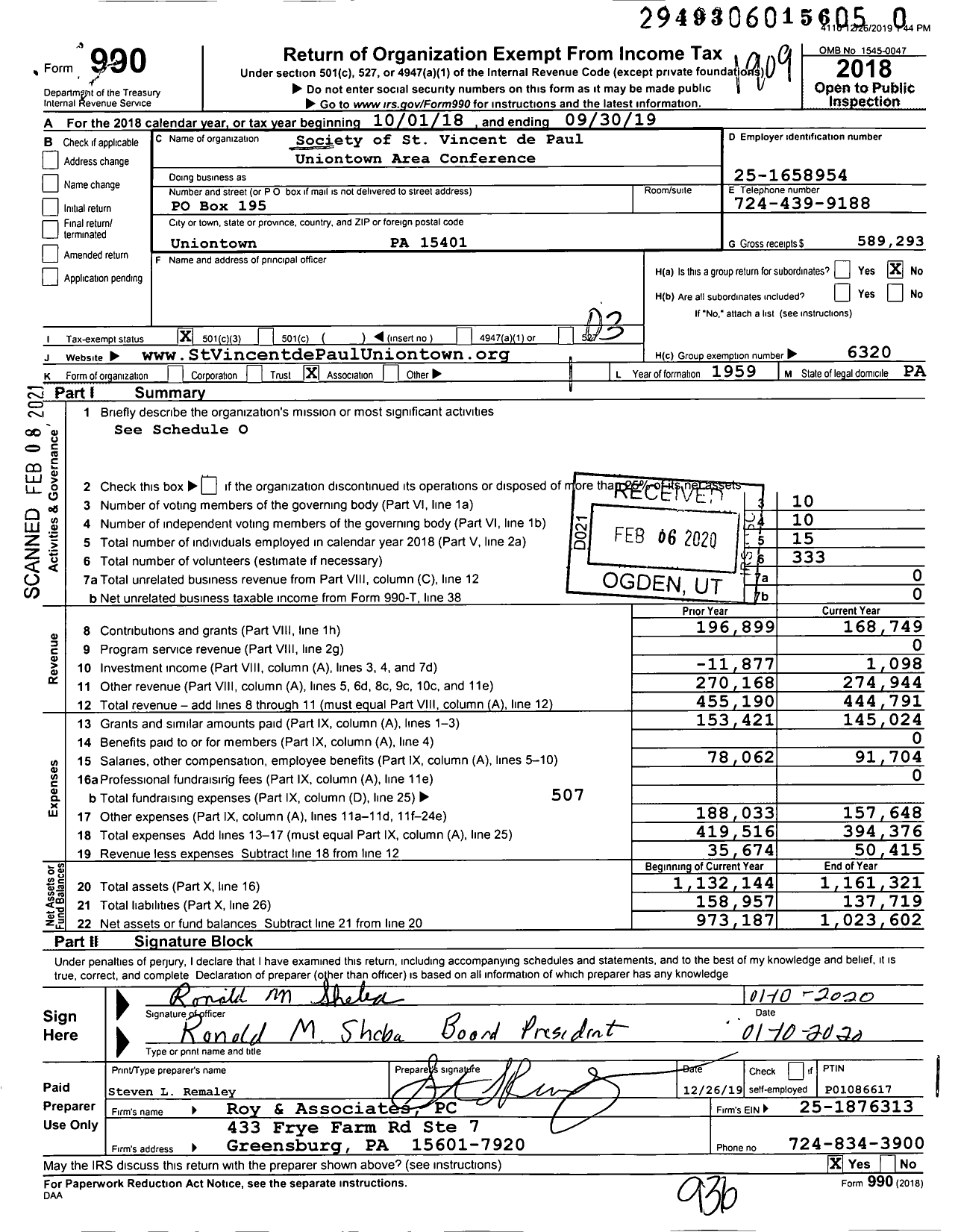 Image of first page of 2018 Form 990 for St Vincent de Paul Society Uniontown Area Conference