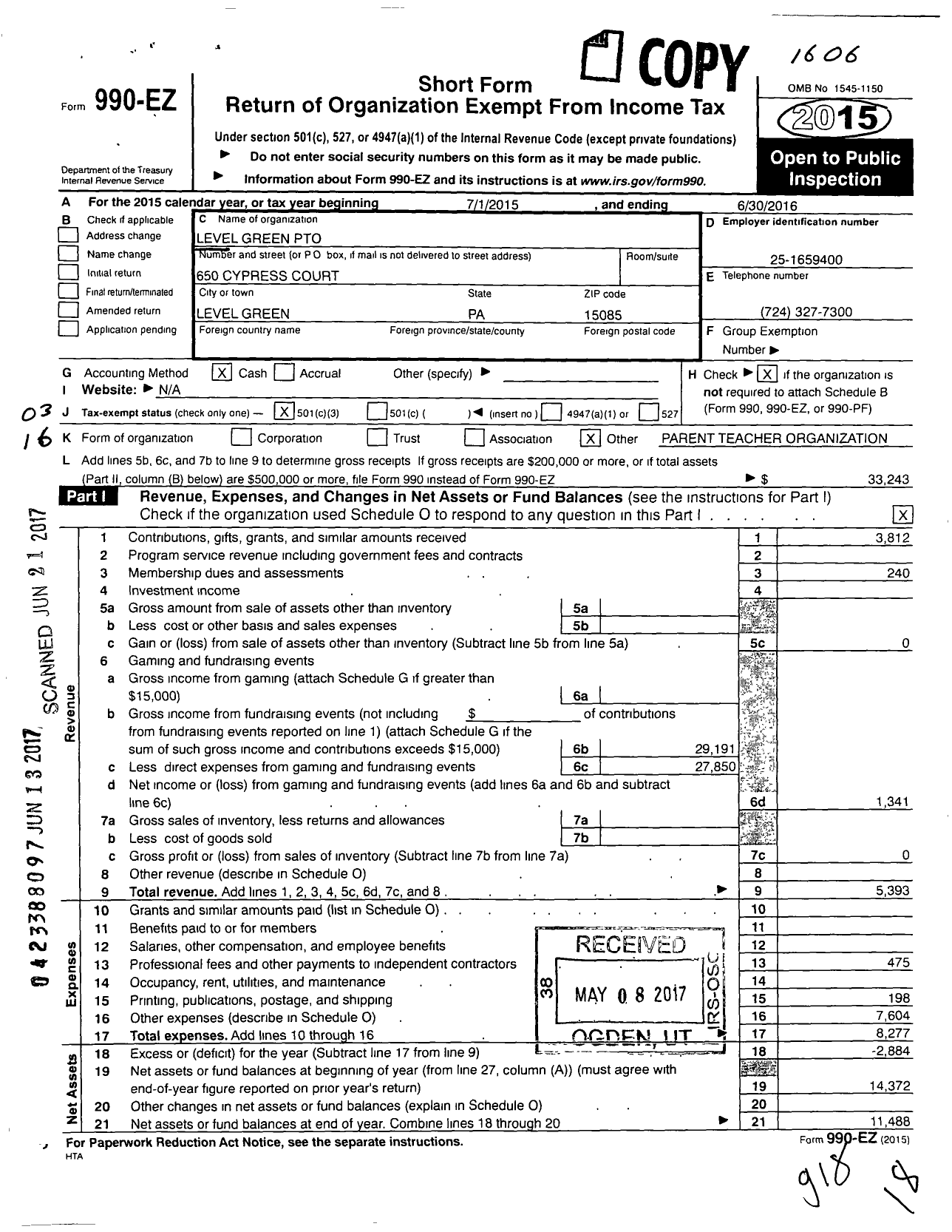 Image of first page of 2015 Form 990EZ for Level Green PTO