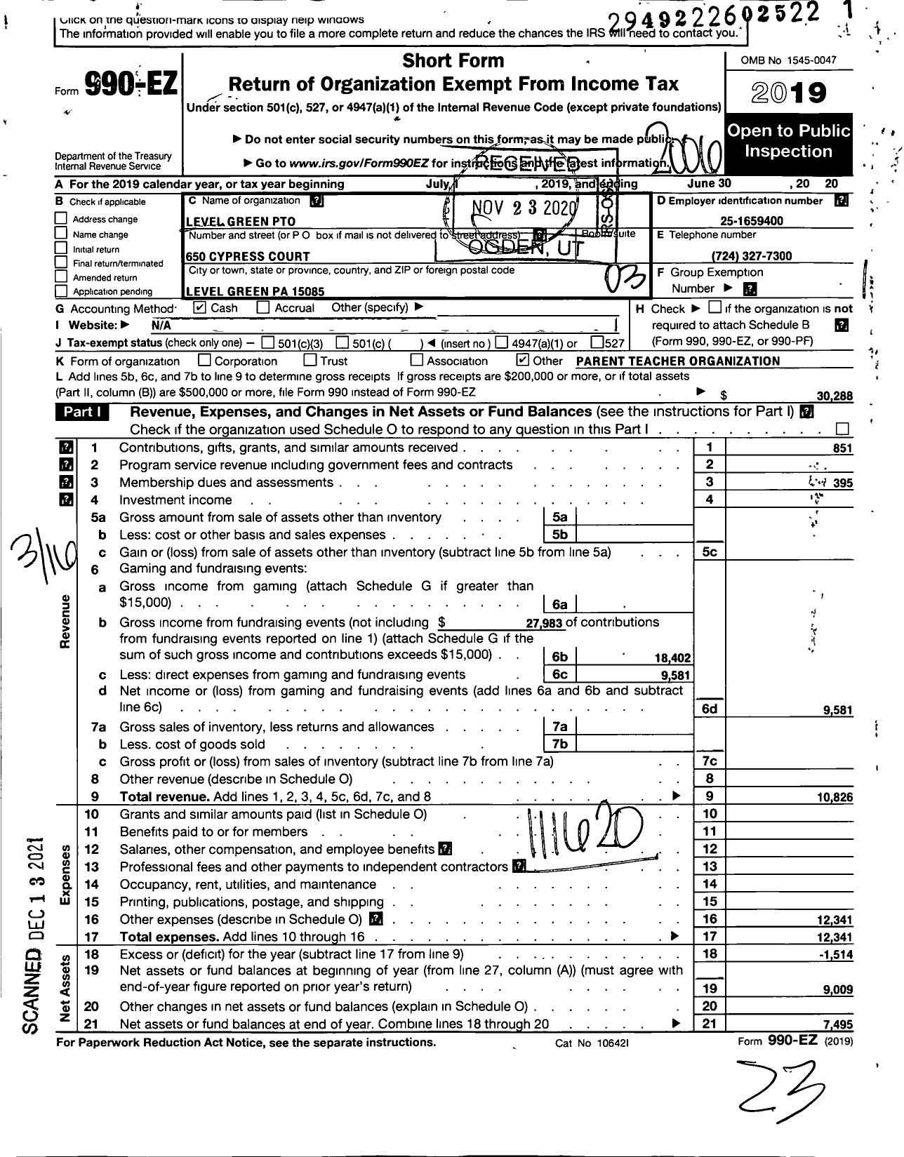 Image of first page of 2019 Form 990EZ for Level Green PTO