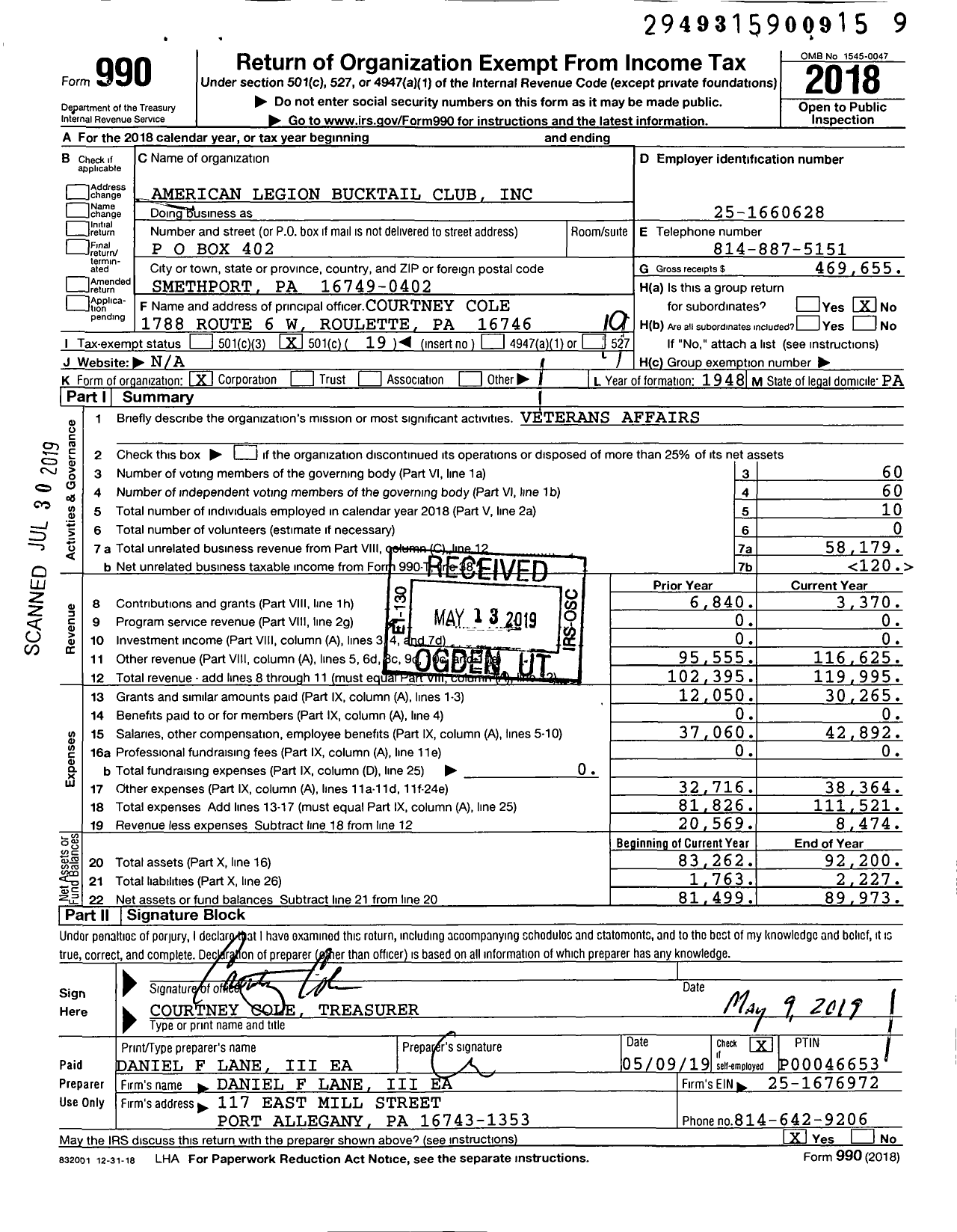 Image of first page of 2018 Form 990O for American Legion 138 Bucktail Club