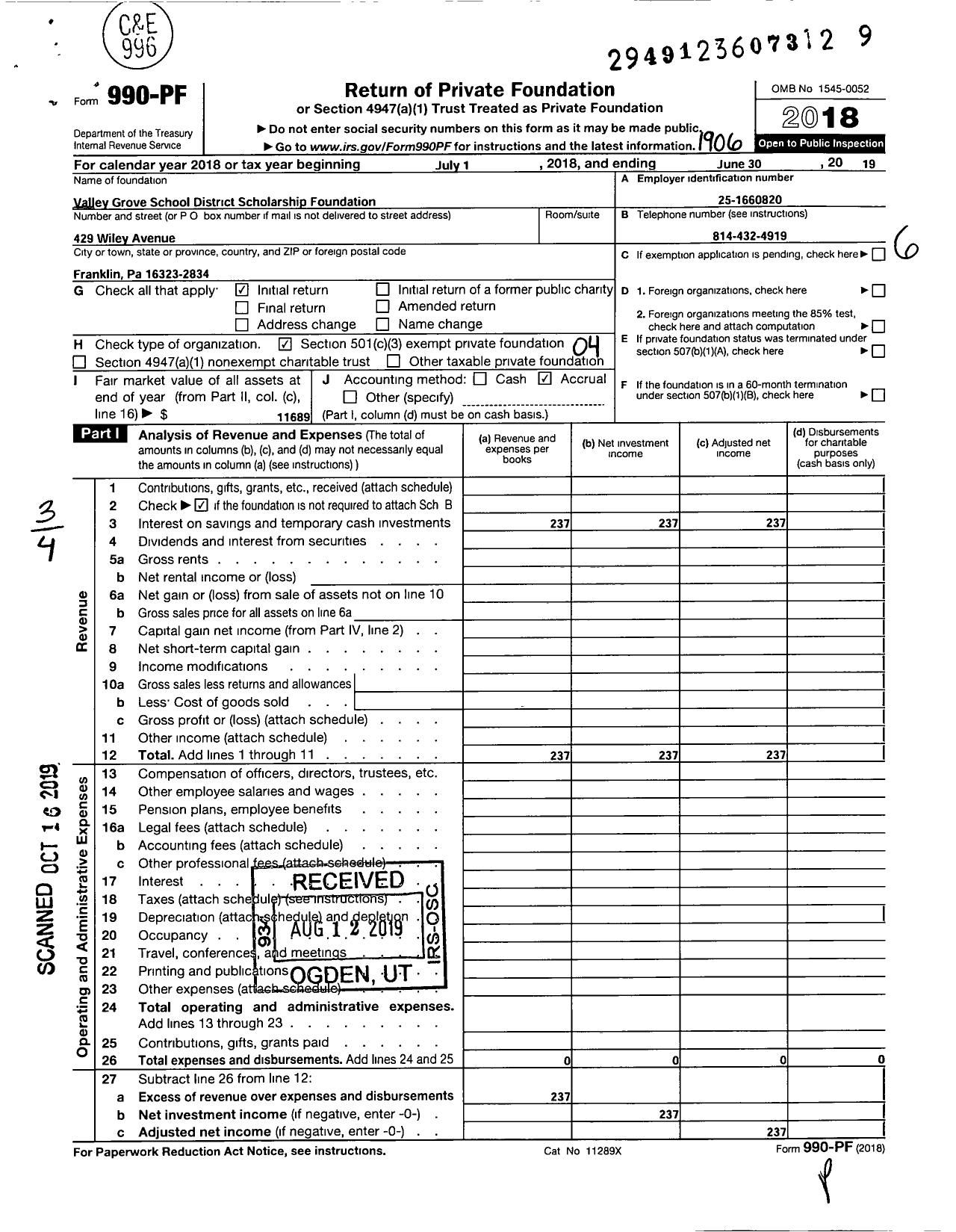 Image of first page of 2018 Form 990PF for Valley Grove School District Scholarship Foundation