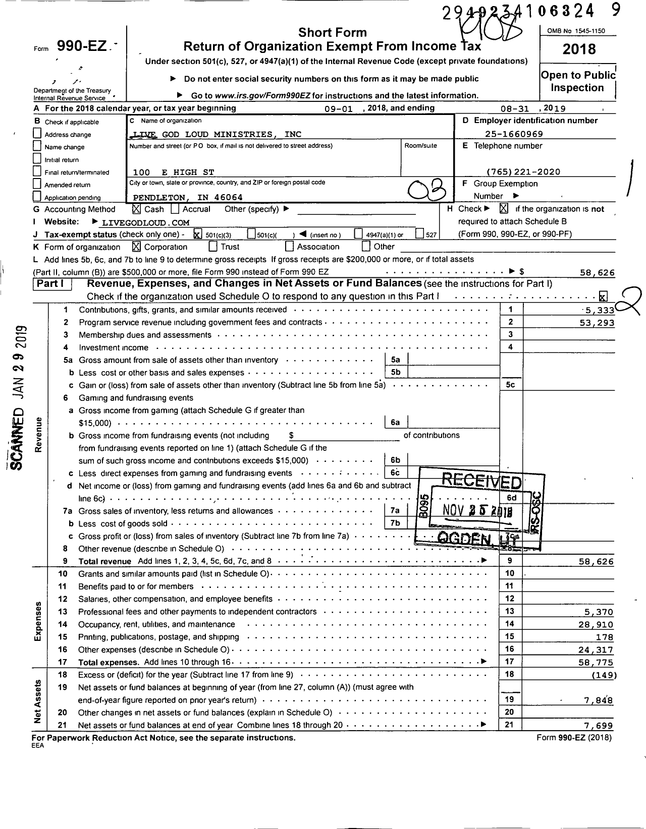 Image of first page of 2018 Form 990EZ for Live God Loud Ministries