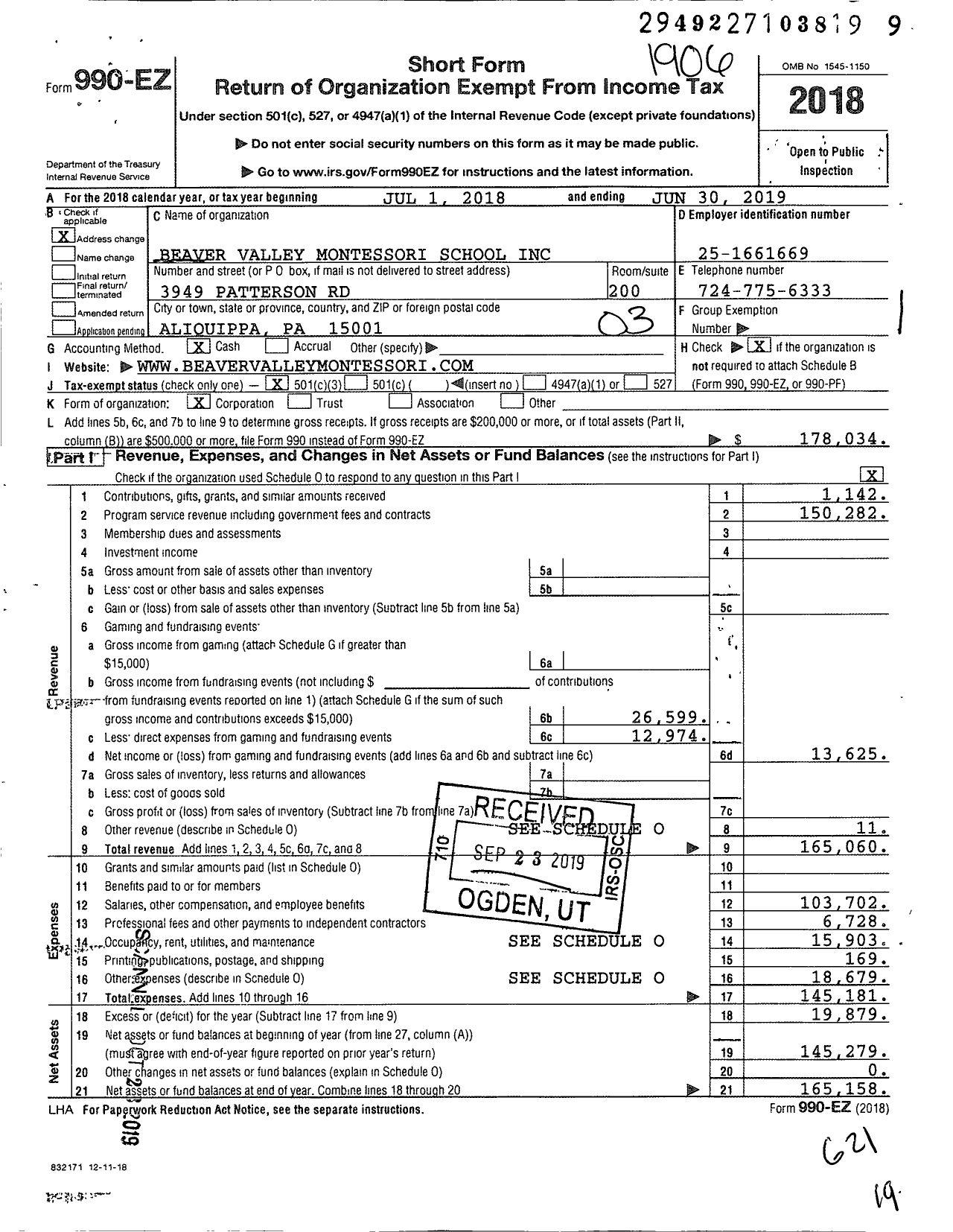 Image of first page of 2018 Form 990EZ for Beaver Valley Montessori School