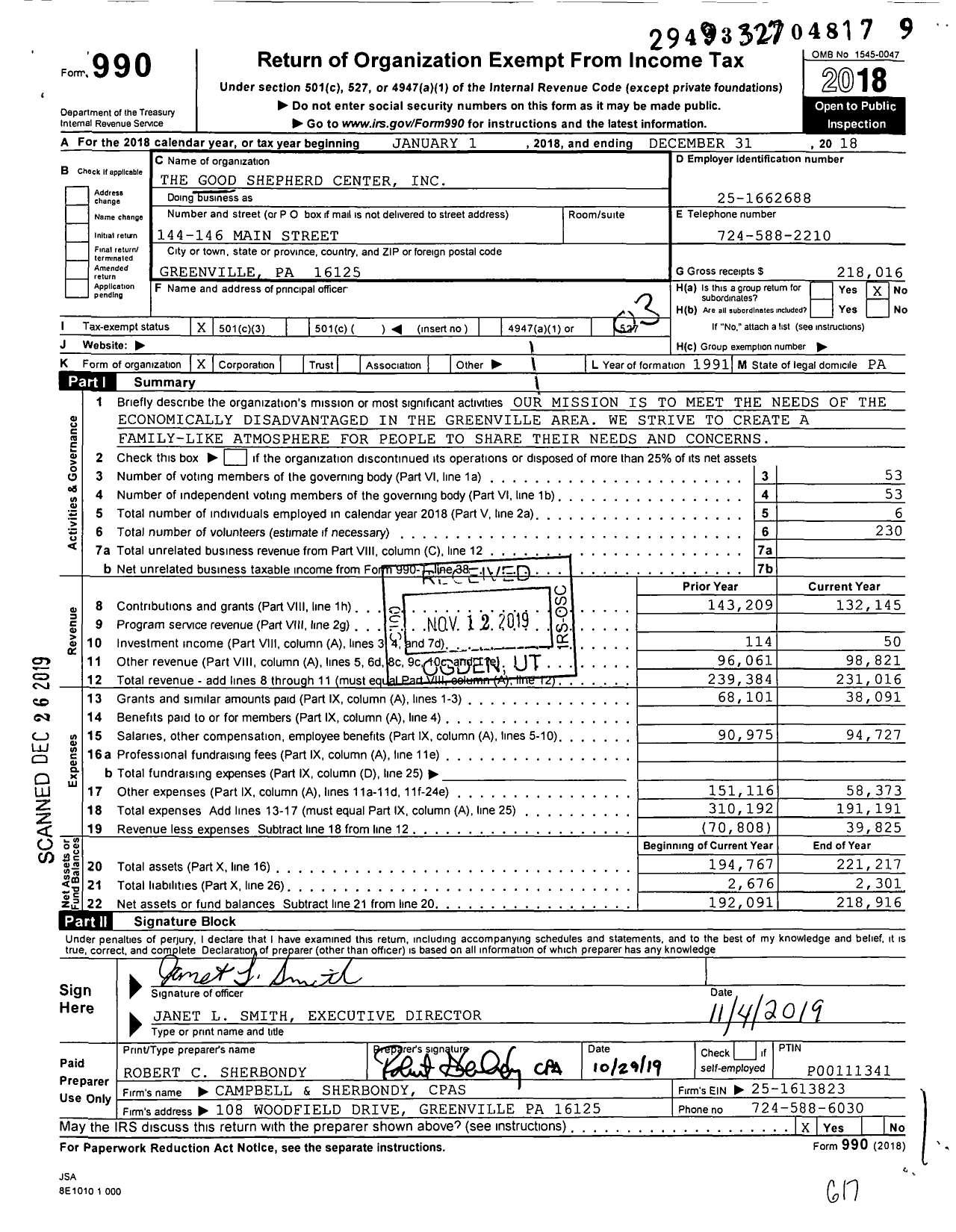 Image of first page of 2018 Form 990 for The Good Shepherd Center