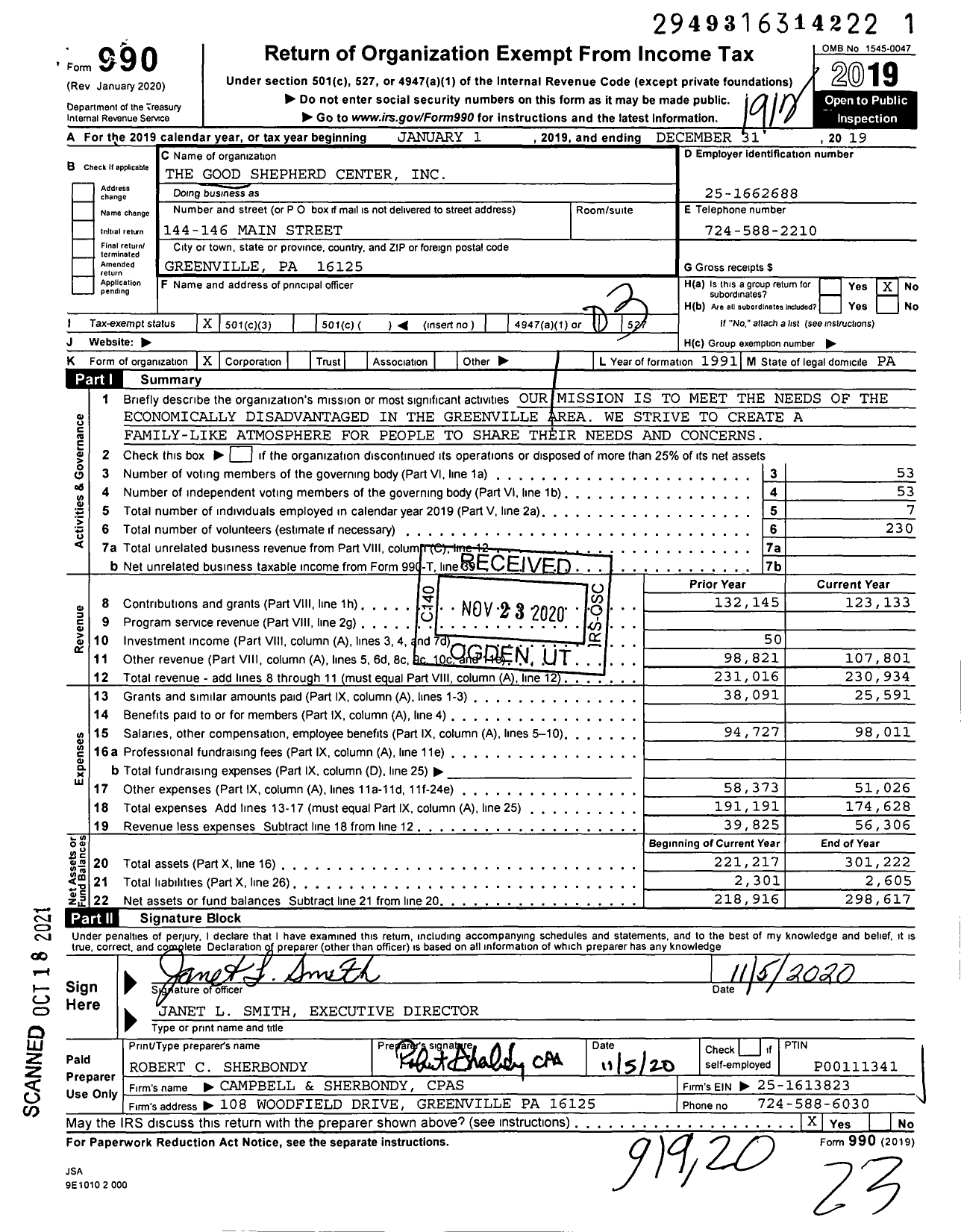 Image of first page of 2019 Form 990 for The Good Shepherd Center