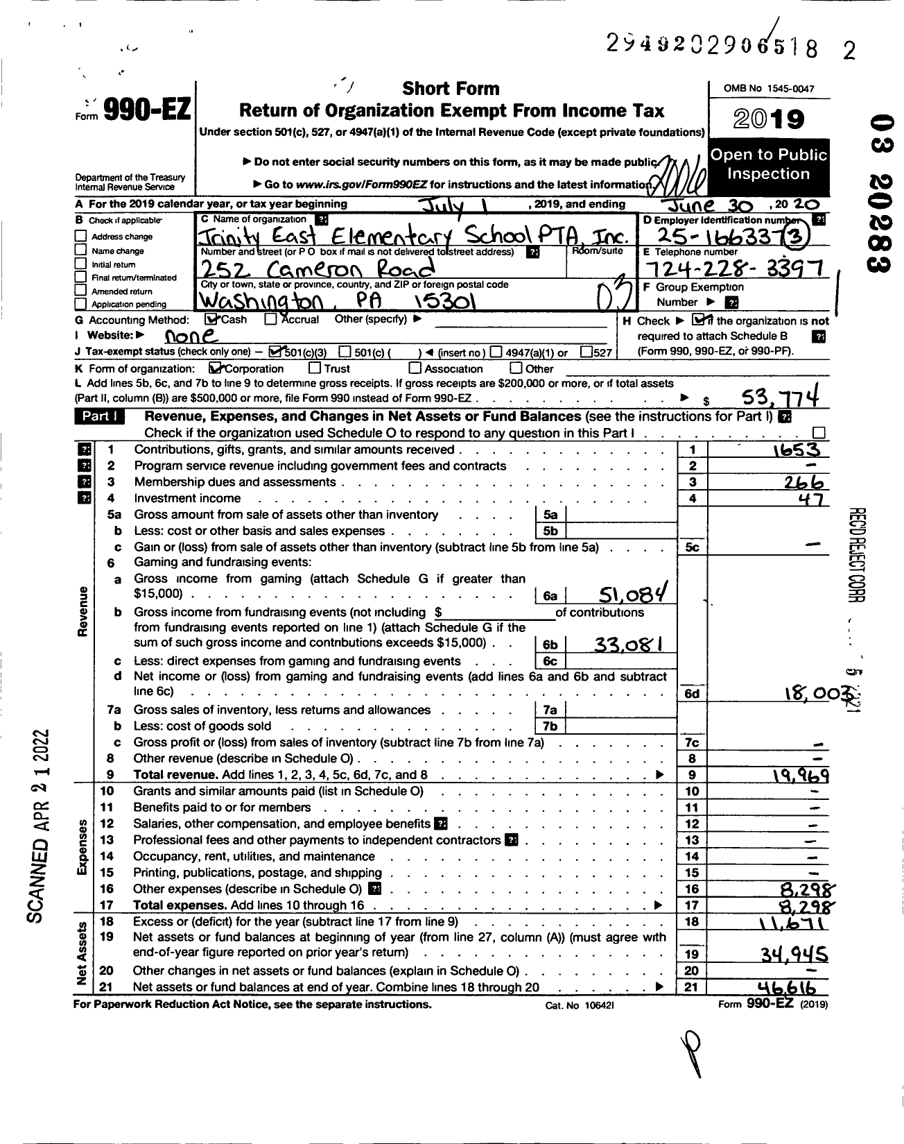 Image of first page of 2019 Form 990EZ for Trinity East Elementary School PTA