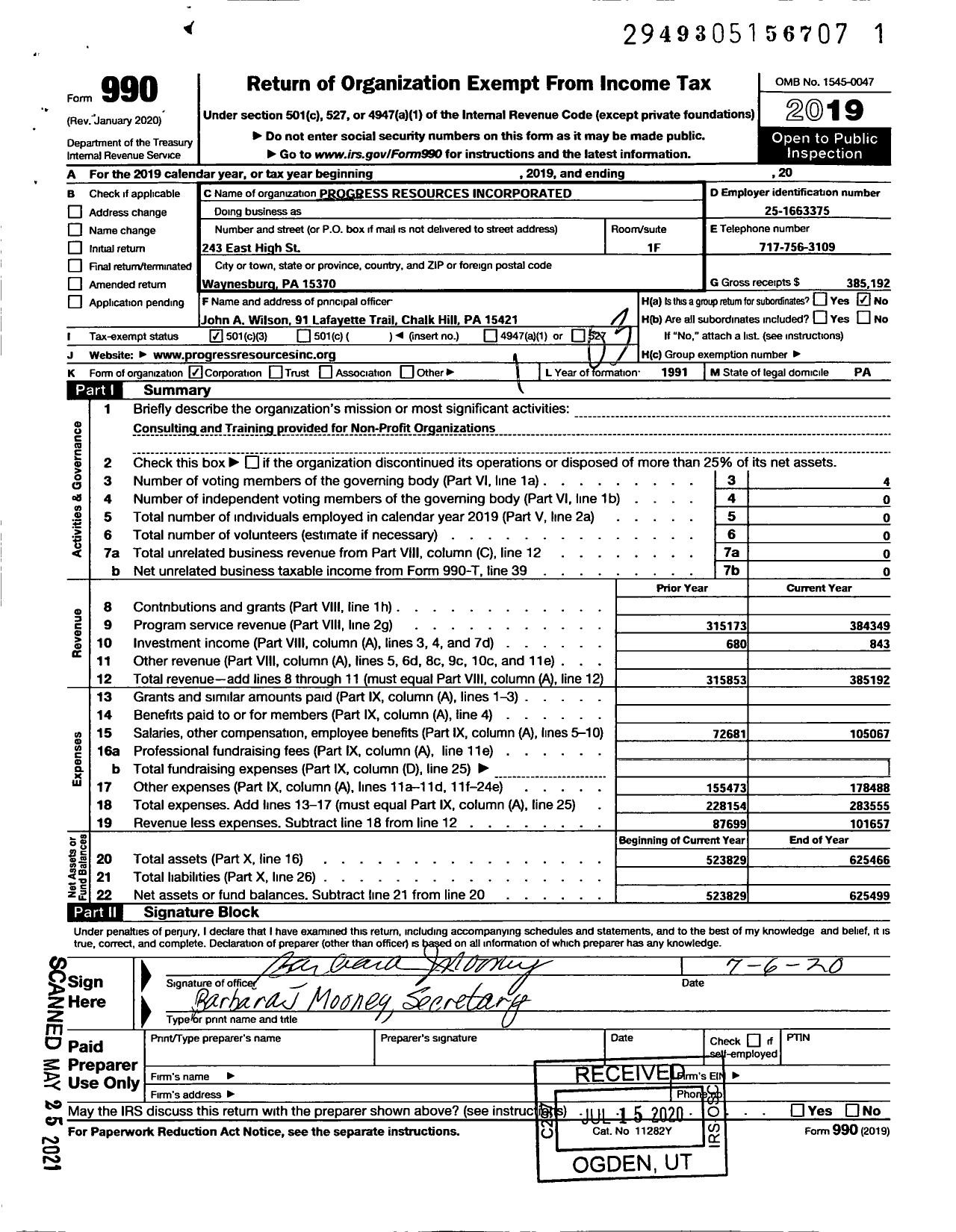 Image of first page of 2019 Form 990 for Progress Resources Incorporated