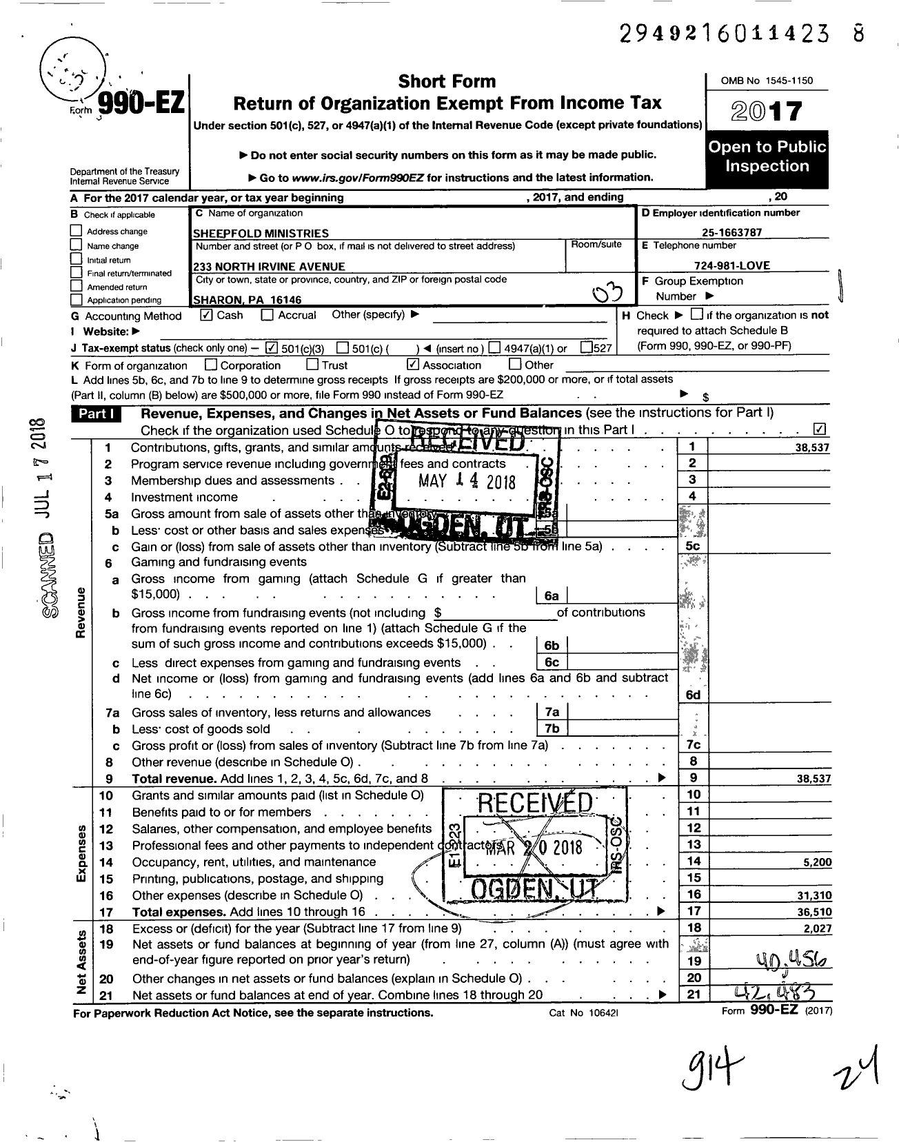 Image of first page of 2017 Form 990EZ for Sheepfold Ministries