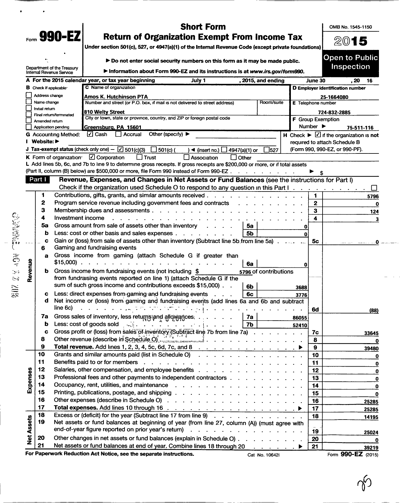 Image of first page of 2015 Form 990EZ for PTA Pennsylvania Congress / Amos K Hutchinson PTA Inc