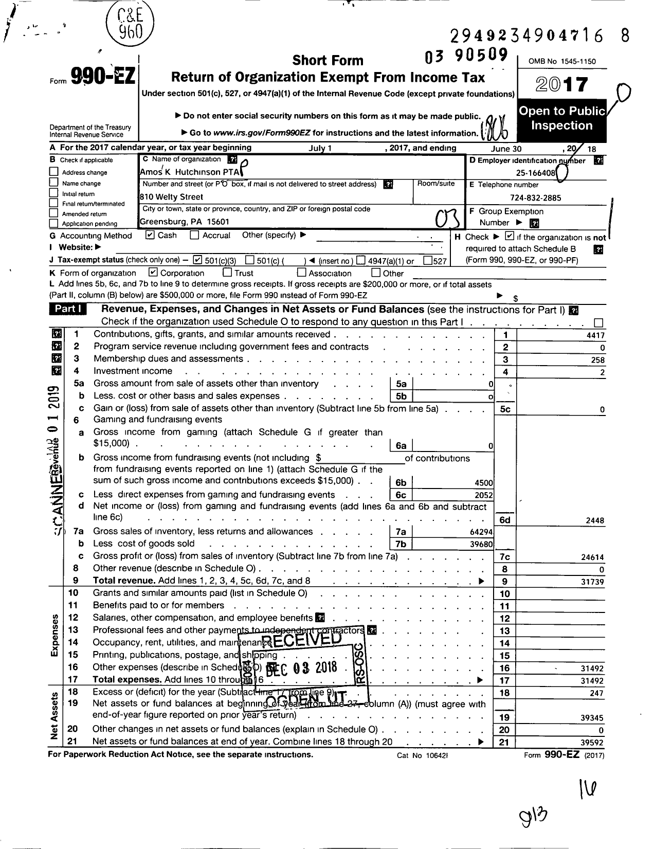 Image of first page of 2017 Form 990EZ for PTA Pennsylvania Congress / Amos K Hutchinson PTA Inc
